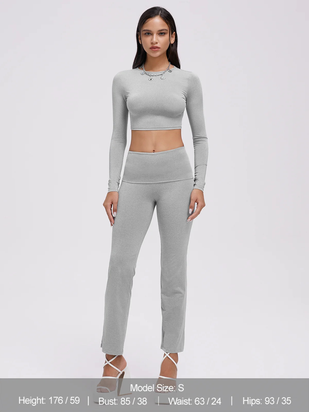 Crew Neck Long Sleeve Plain Top With Pants Two-Piece Set