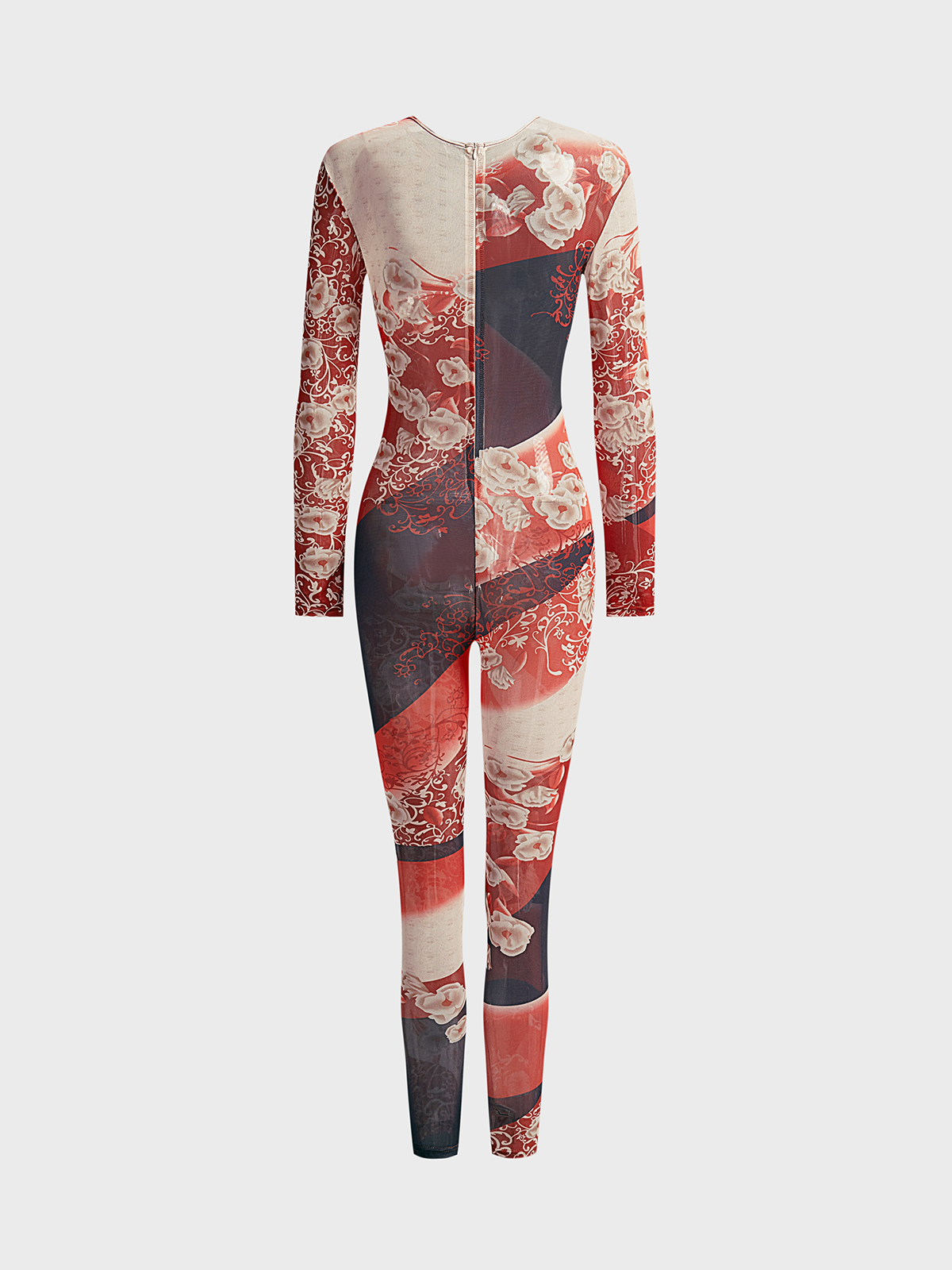 Mesh Crew Neck Floral Long Sleeve Jumpsuit