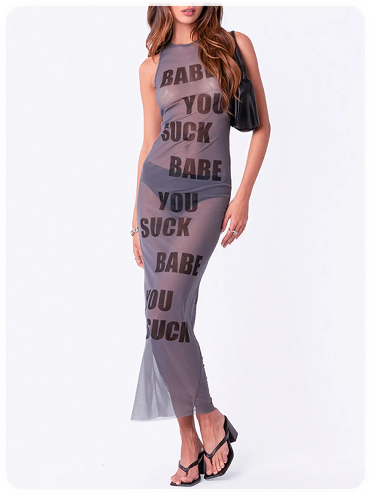 Letter Print Mesh Crew Neck Text Letters Sleeveless Maxi Dress