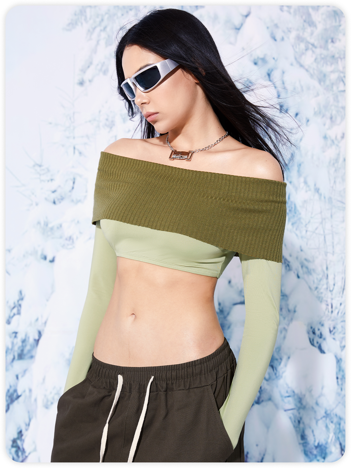 Y2K Green Patchwork Off Shoulder Top Women Top