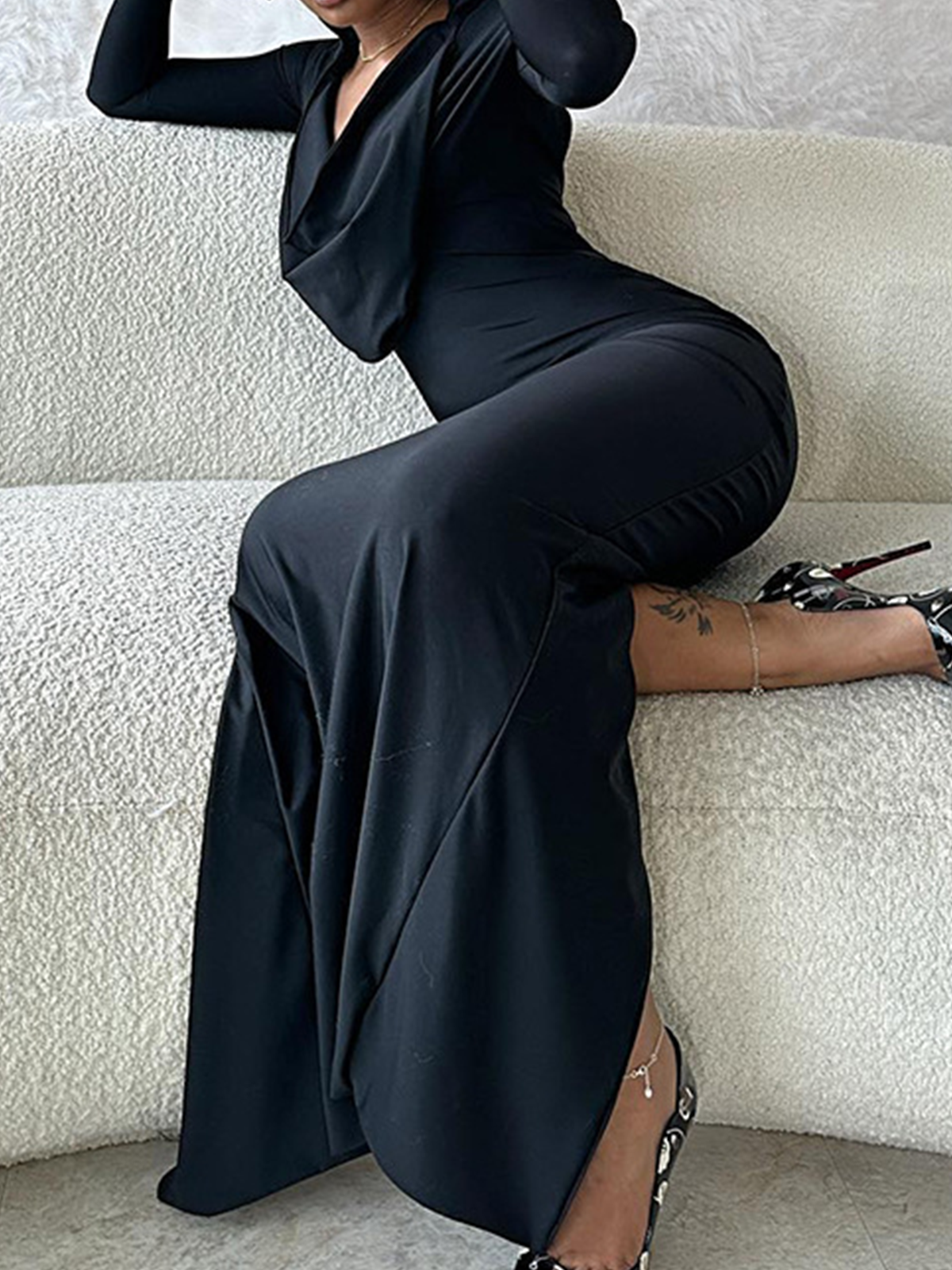 Hooded Plain Long Sleeve Maxi Dress