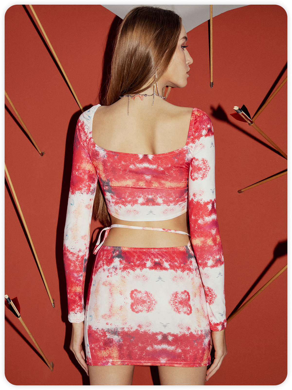 Y2K Red Abstract Square Neck Two-Piece Set