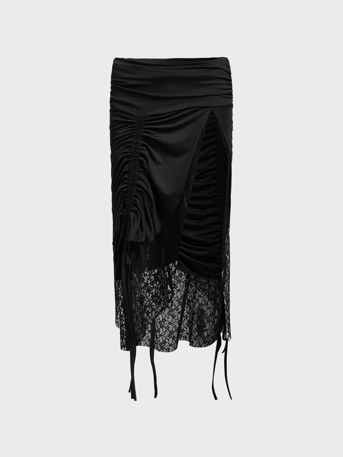 Lace Side Slit Wrinkled Plain Maxi Skirt