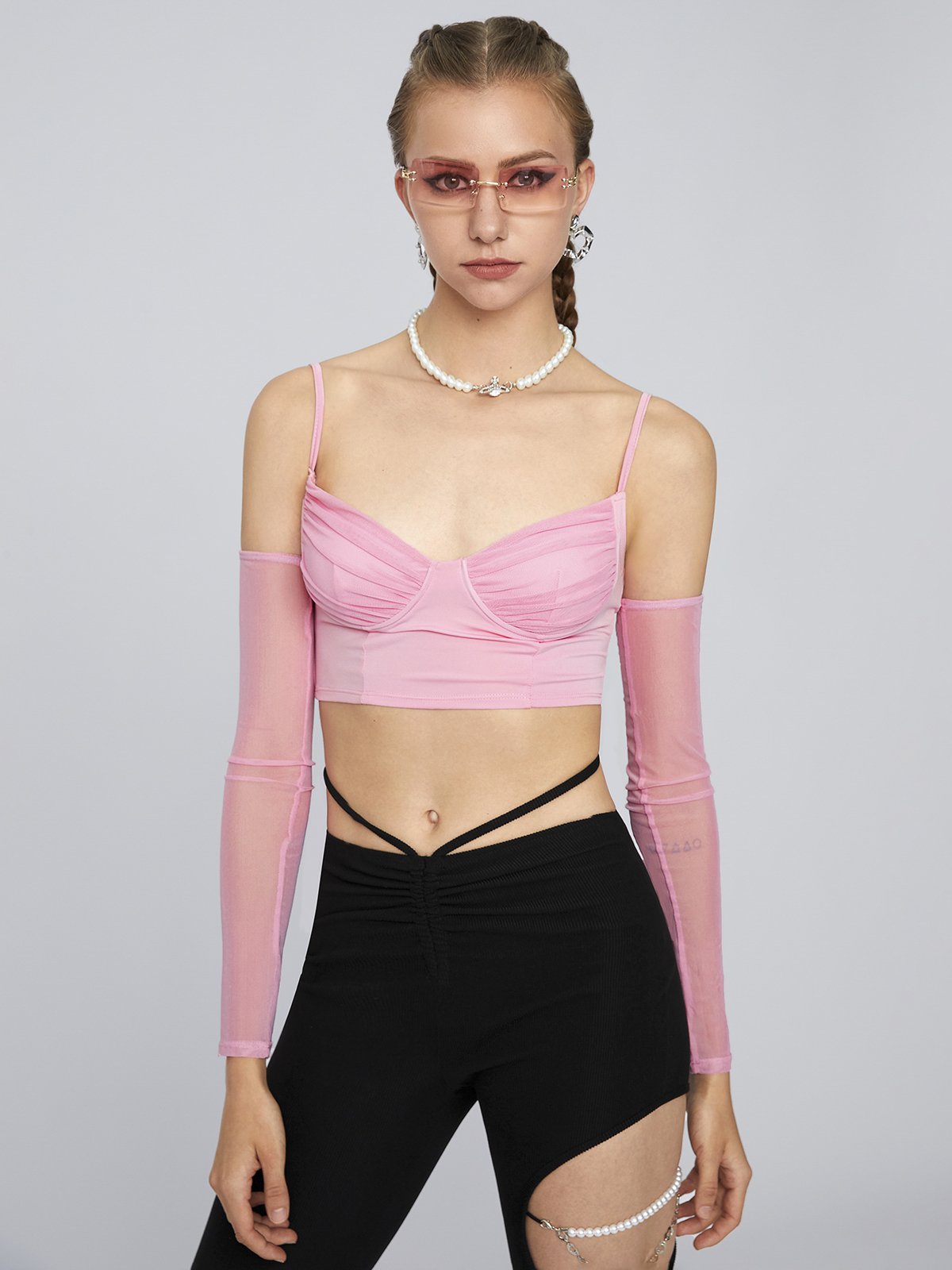 Y2K Fashion Pink Mesh Spaghetti Strap Top Women Top