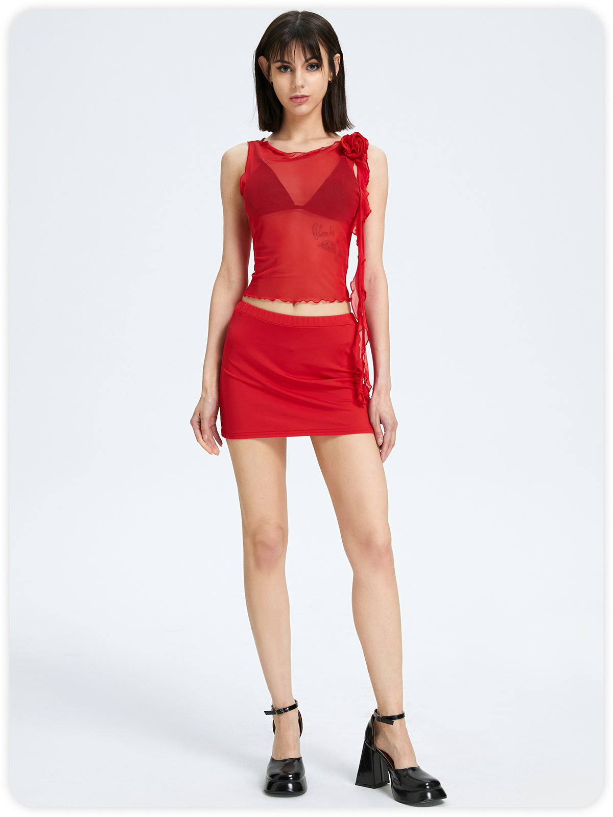 Y2k Balletcore Red 3D Rose Mesh Two-Piece Set