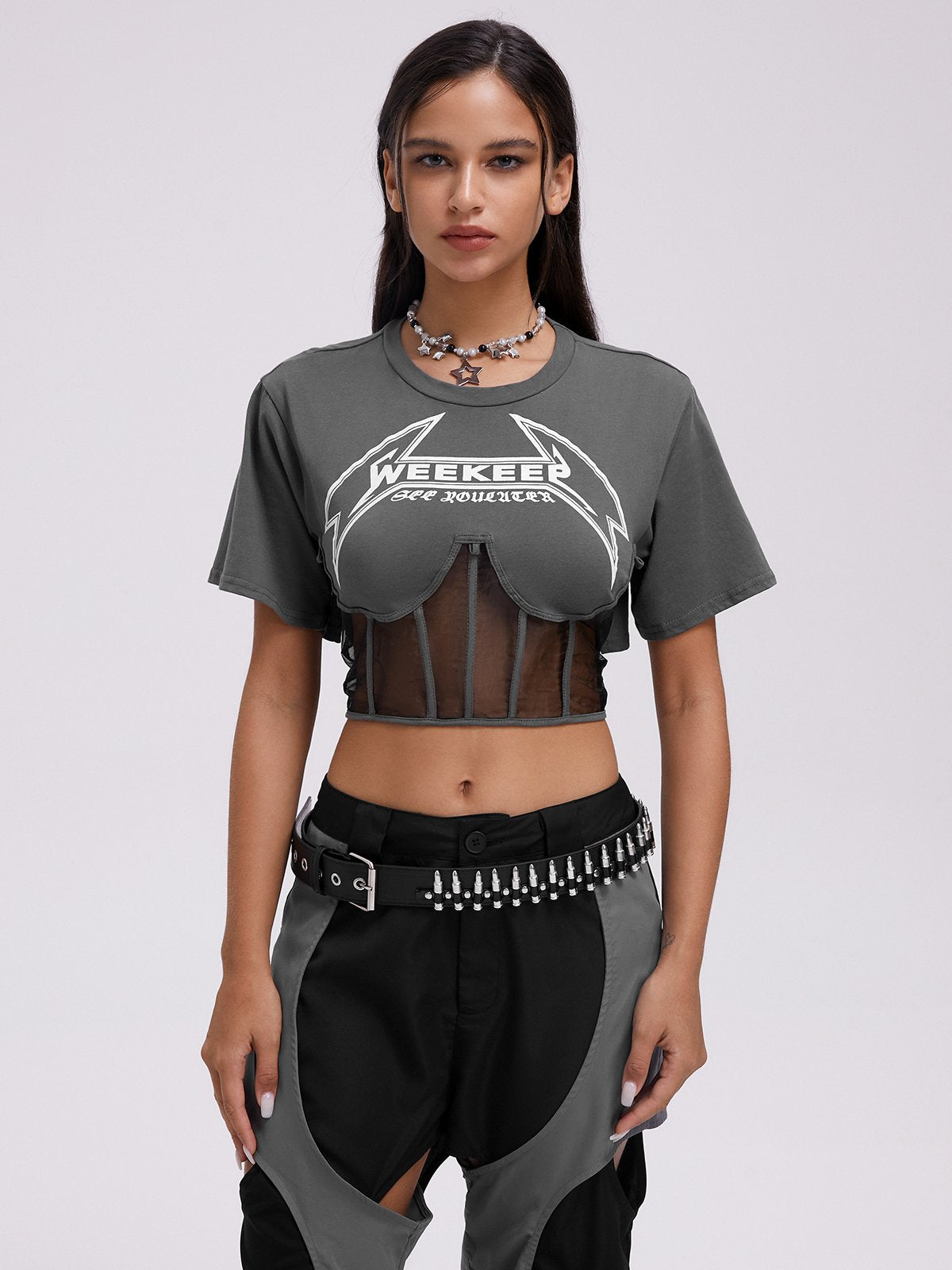 Street Gray Graphic Patchwork Mesh Top T-Shirt