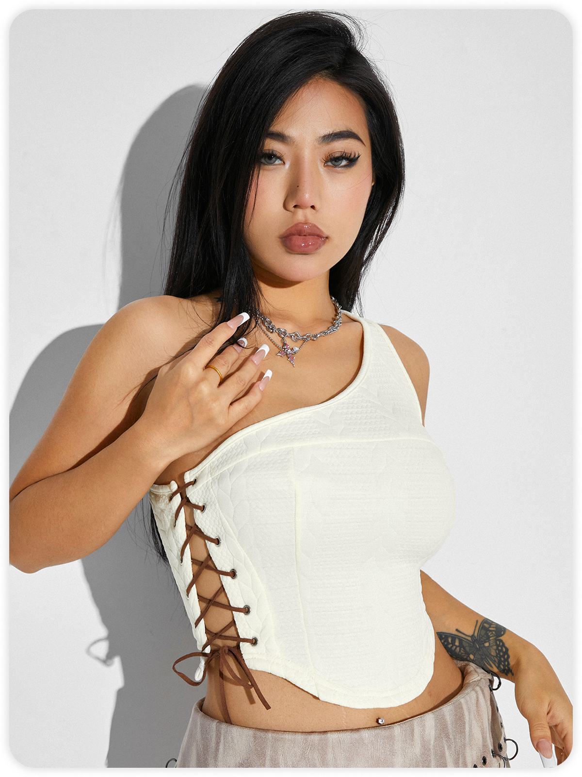 Jacquard Texture Lace Up One Shoulder Plain Crop Top