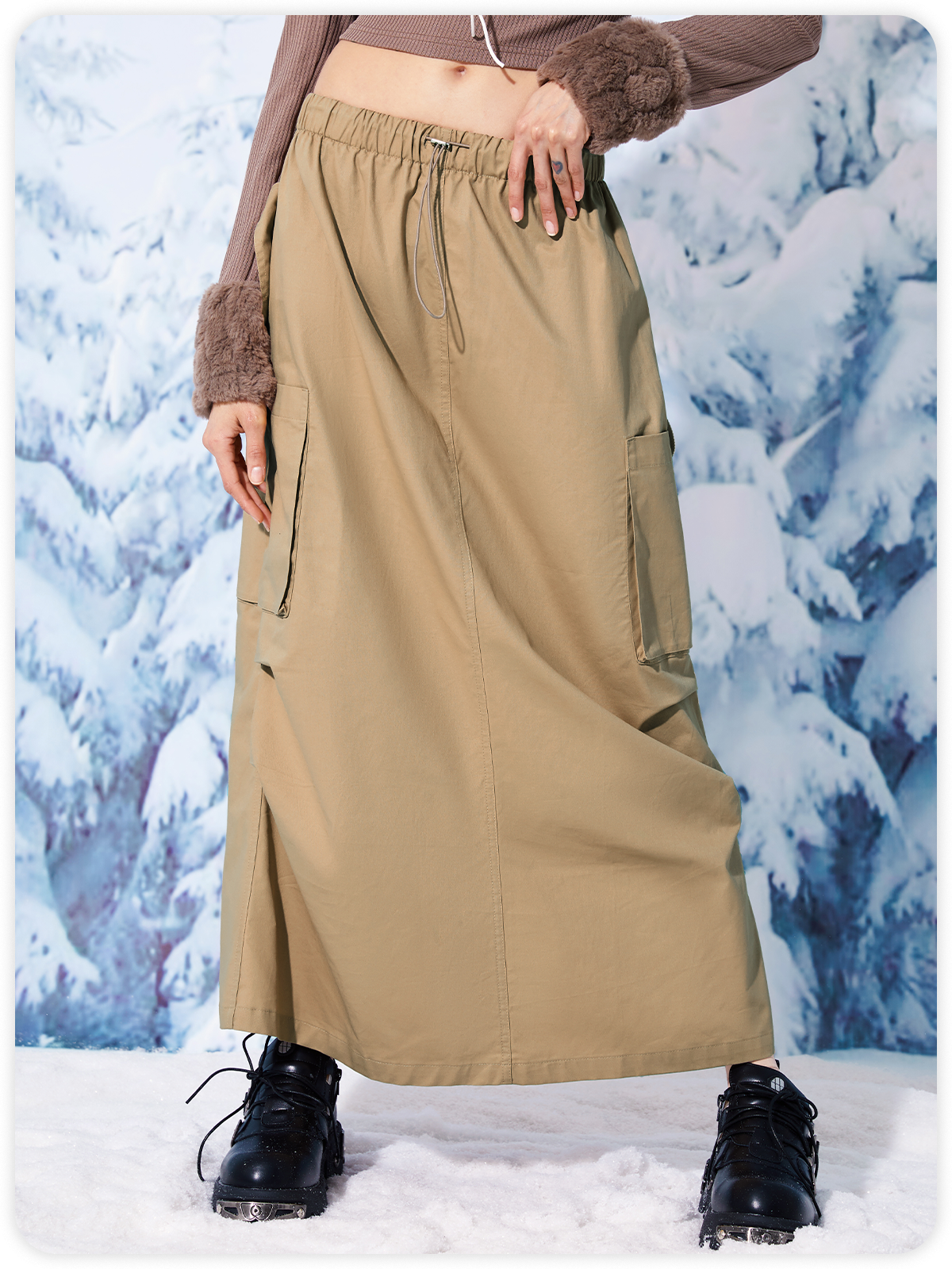 Street Khaki Pockets Bottom Skirt