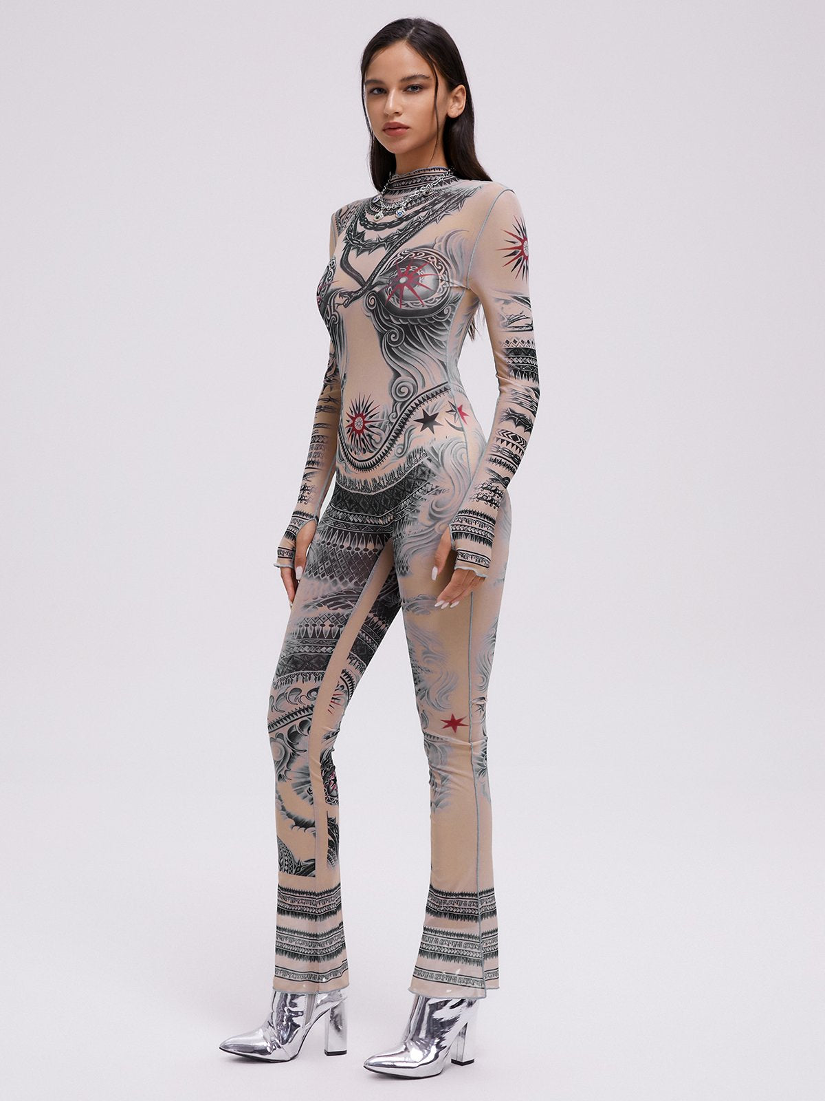 Mesh Crew Neck Abstract Pattern Long Sleeve Jumpsuit