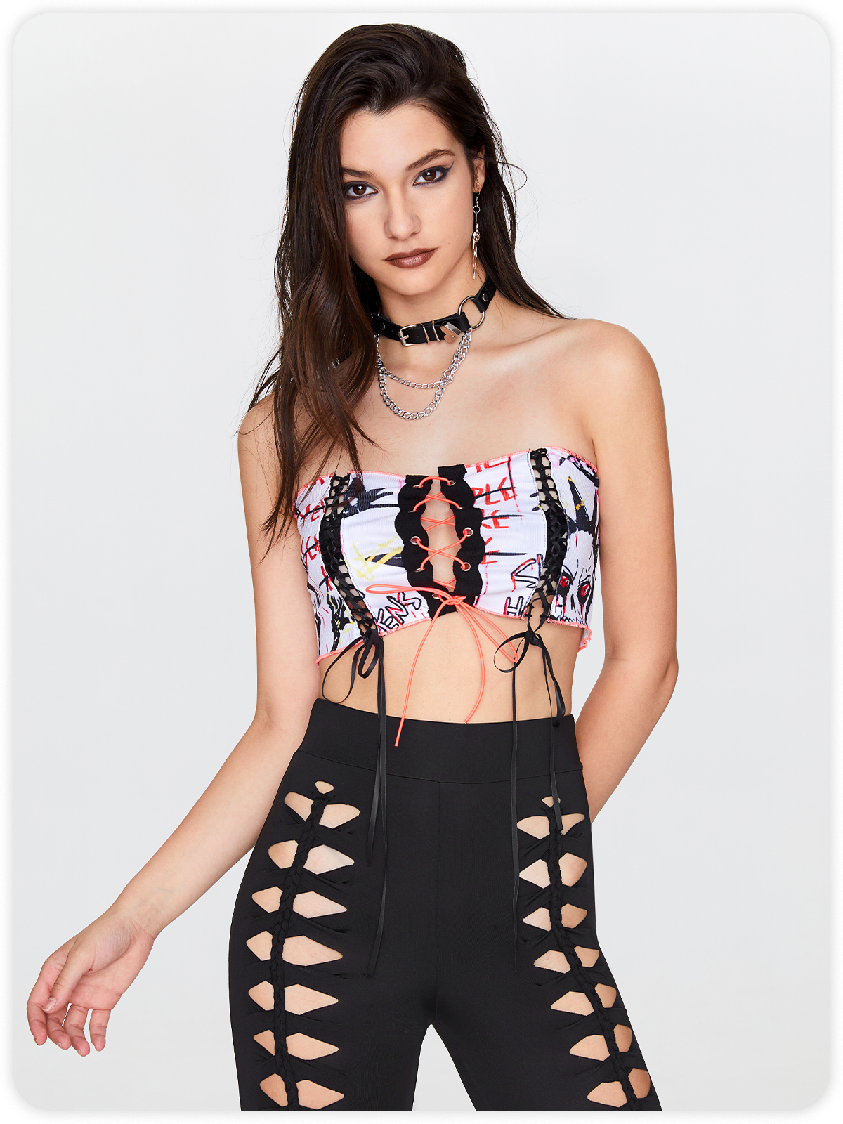 Edgy White Graffiti Lace Up Halloween Top Women Top