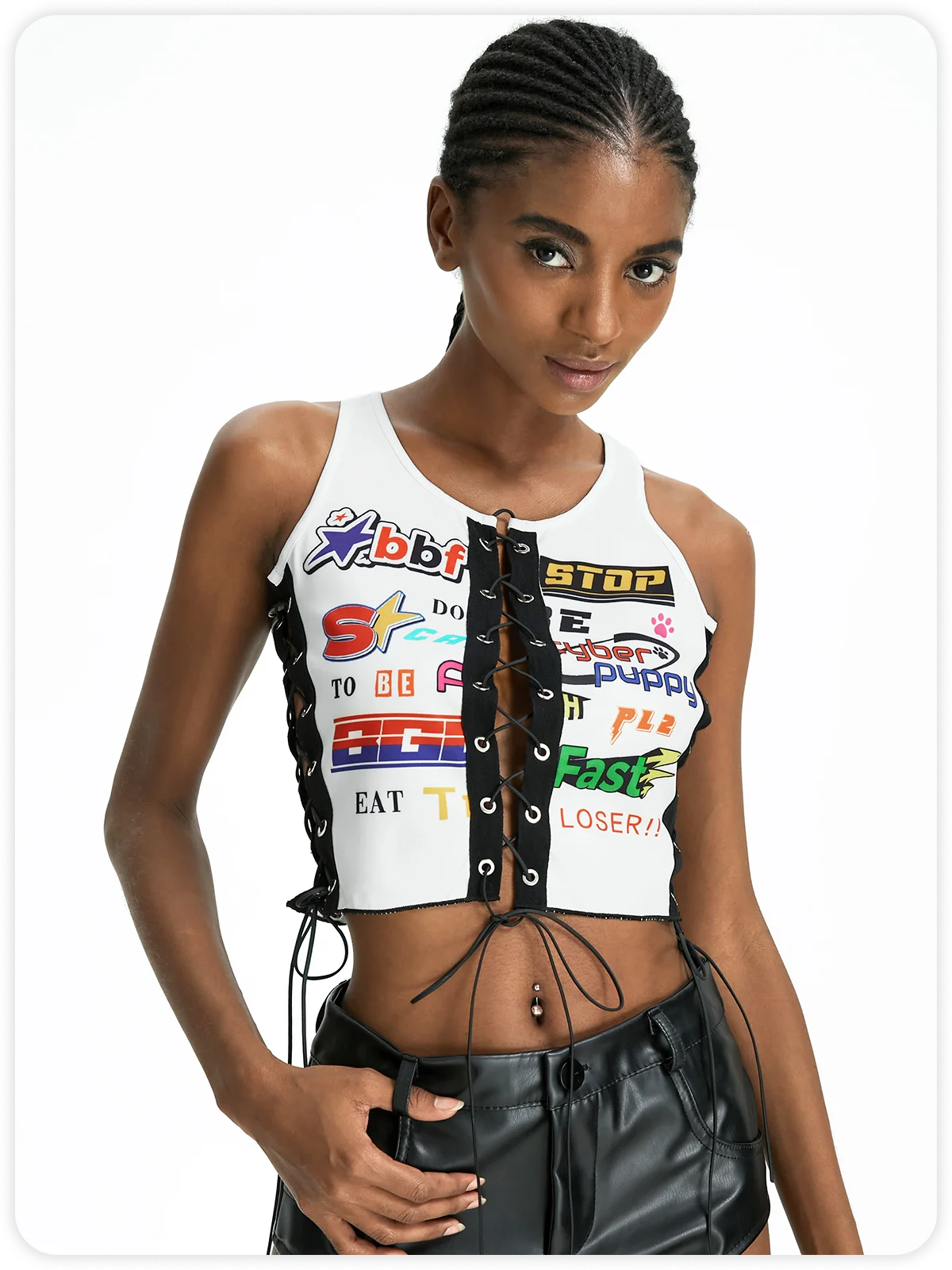 Street White Logos print Racing style Lace up Top Tank Top & Cami