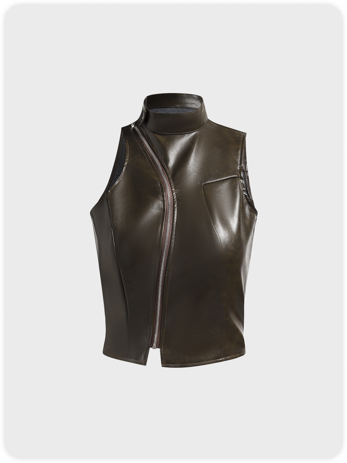 PU Zip Up Stand Collar Plain Sleeveless Vest