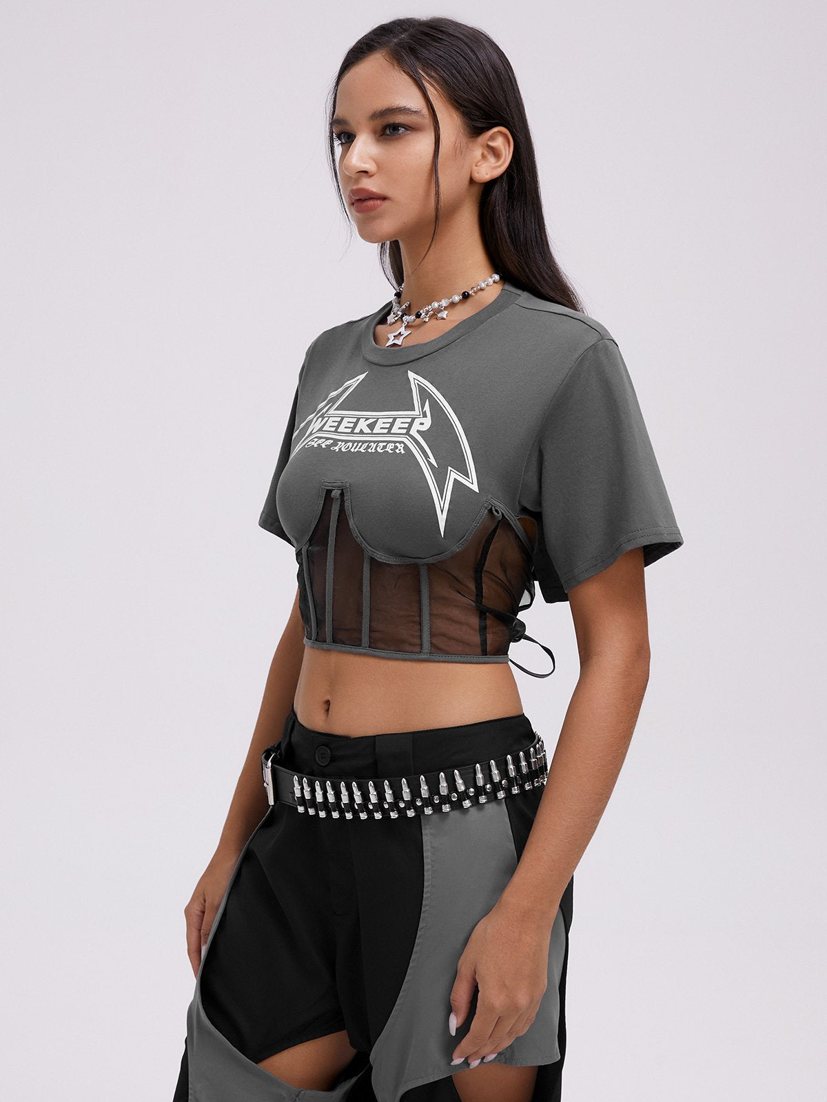 Street Gray Graphic Patchwork Mesh Top T-Shirt