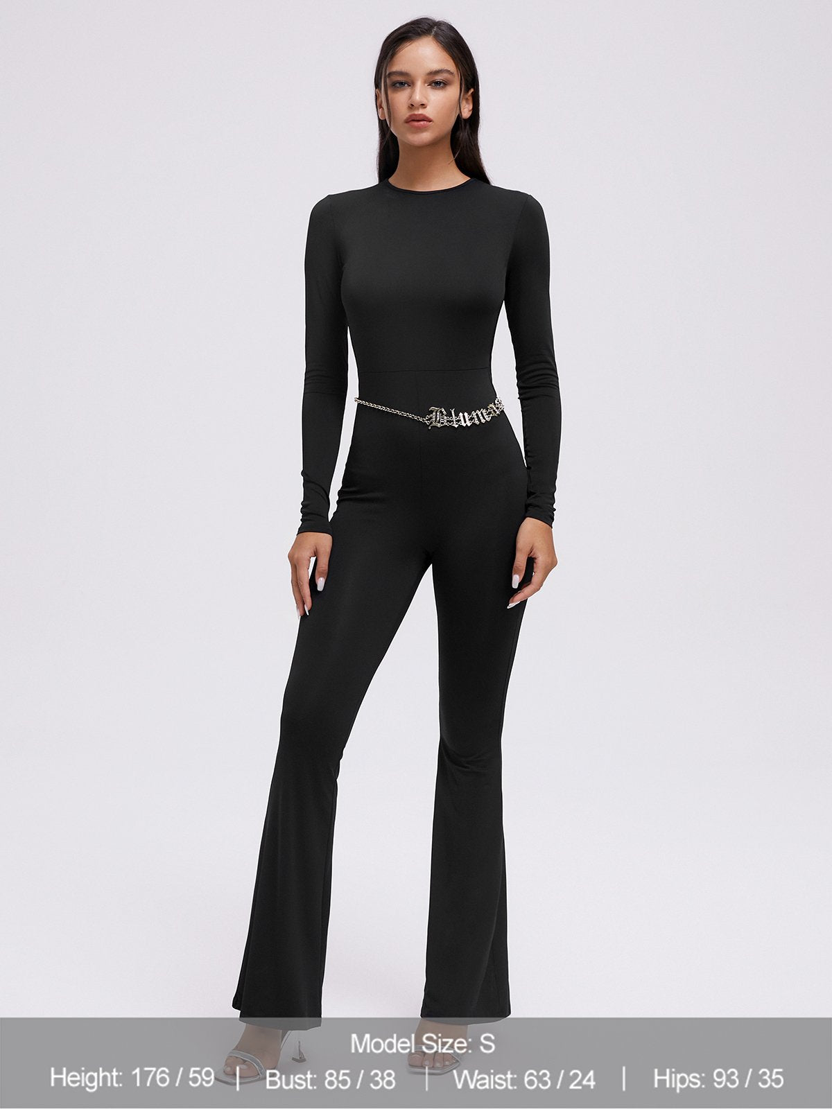 Backless Crew Neck Plain Long Sleeve Jumpsuit