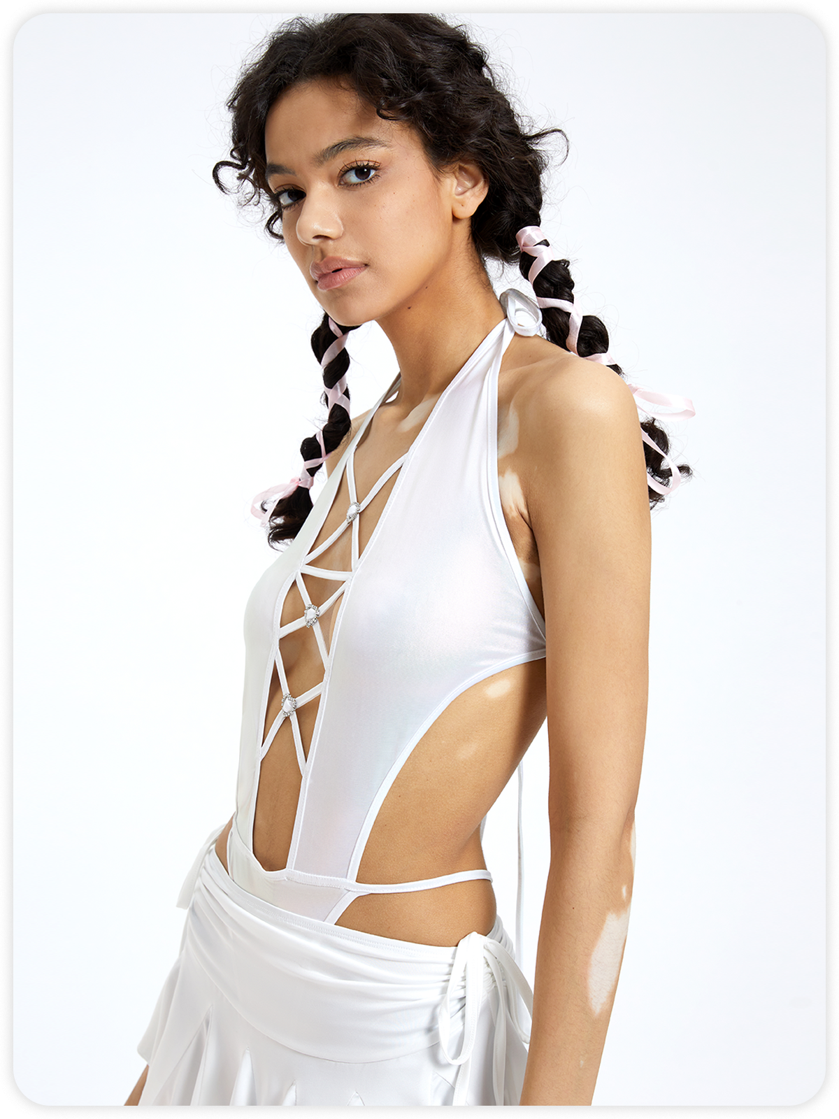 Edgy Balletcore White Lace up Heart Bodysuit