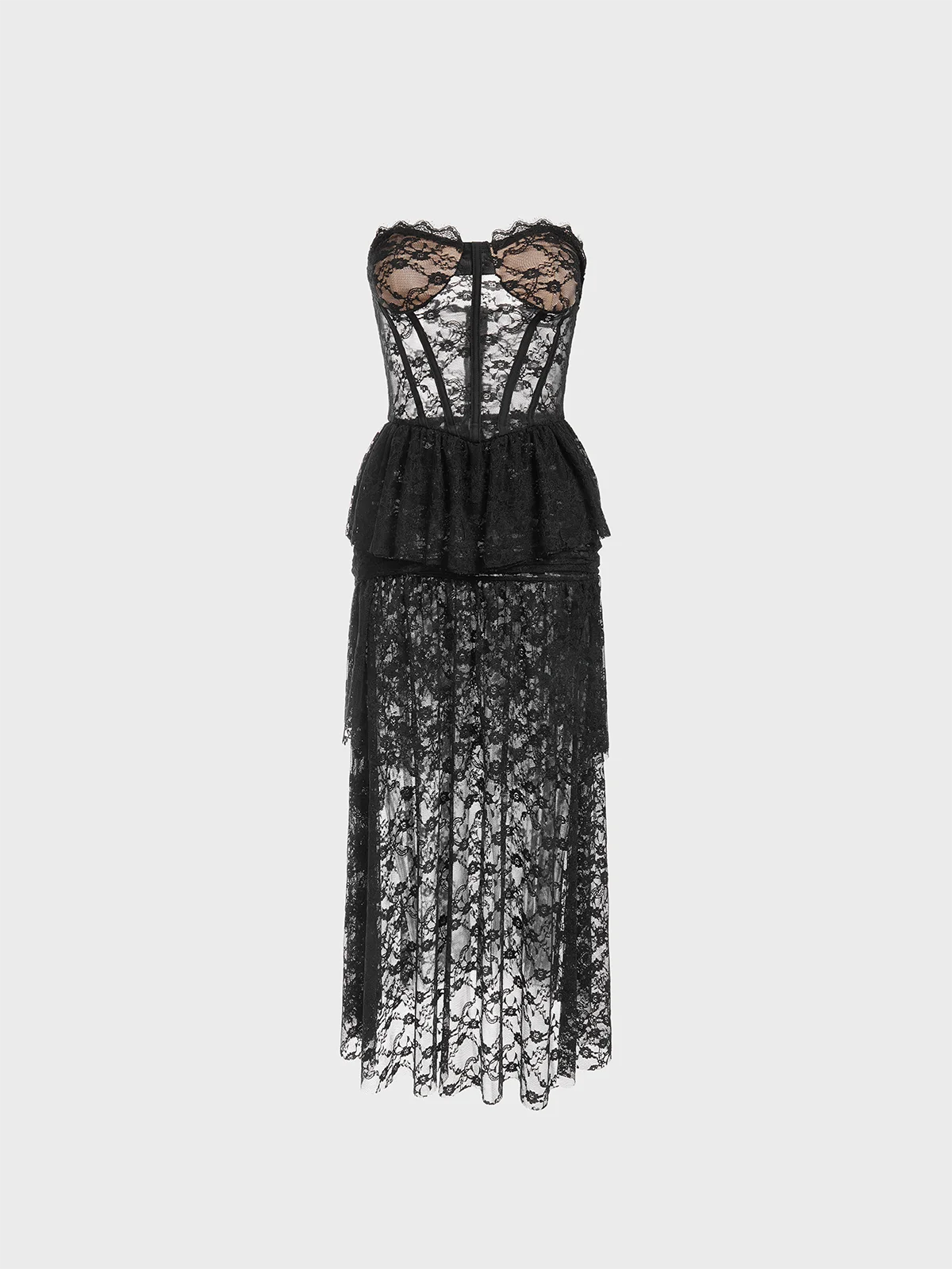 Lace Mesh Corset Ruffles Strapless Plain Sleeveless Maxi Dress