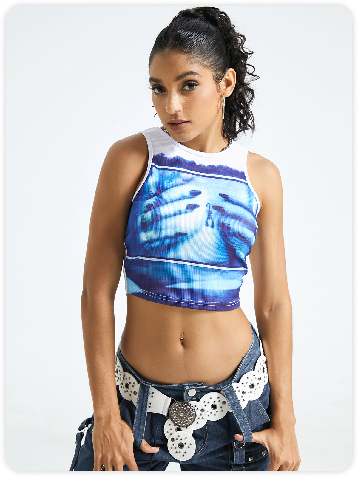 Cyanotype Hand Print Crew Neck Tank Top