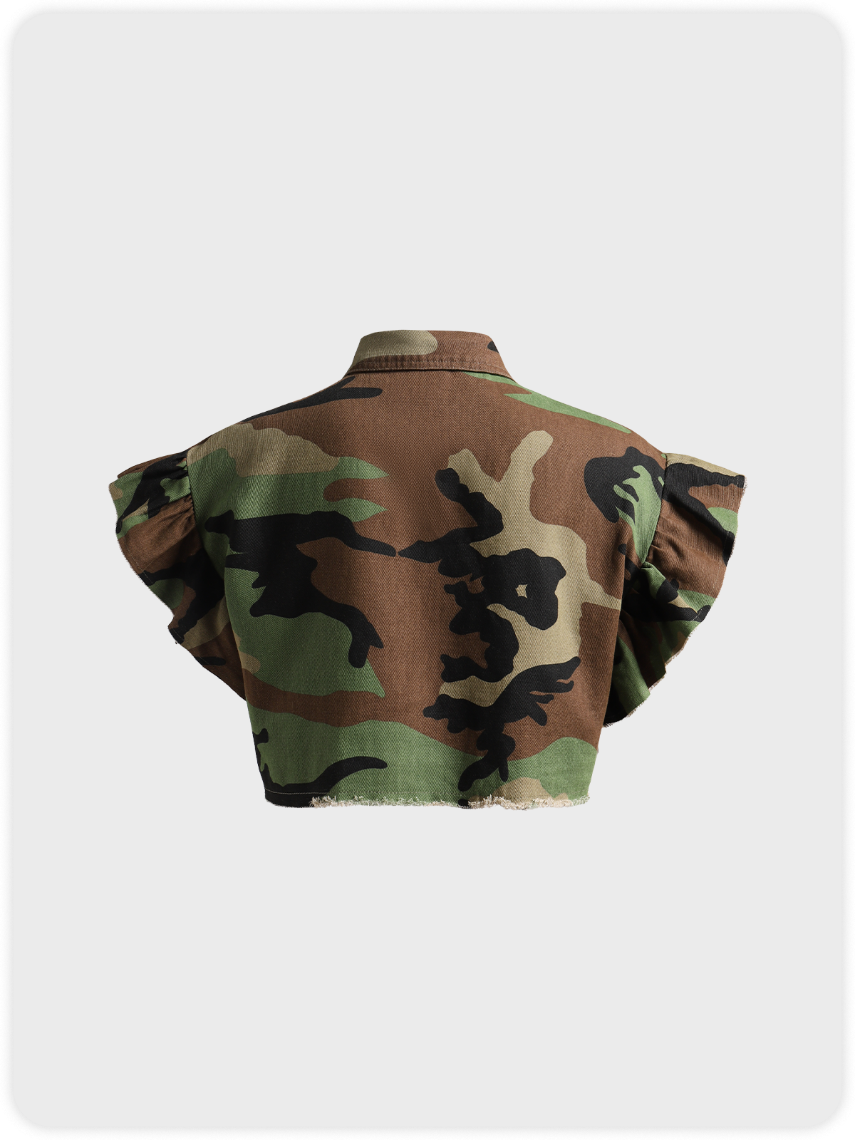 Camouflage Raw Edge Shawl Collar Camo Cap Sleeve Shirt