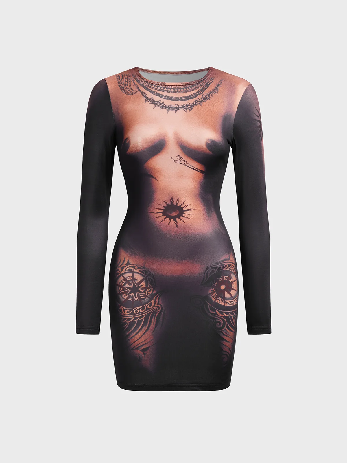 Body Print Crew Neck Plain Long Sleeve Short Dress