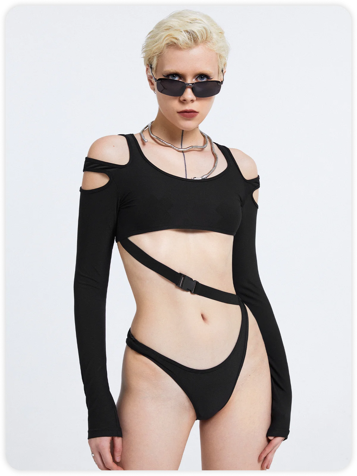 Edgy Black Cut Out Asymmetrical Design Bodysuit