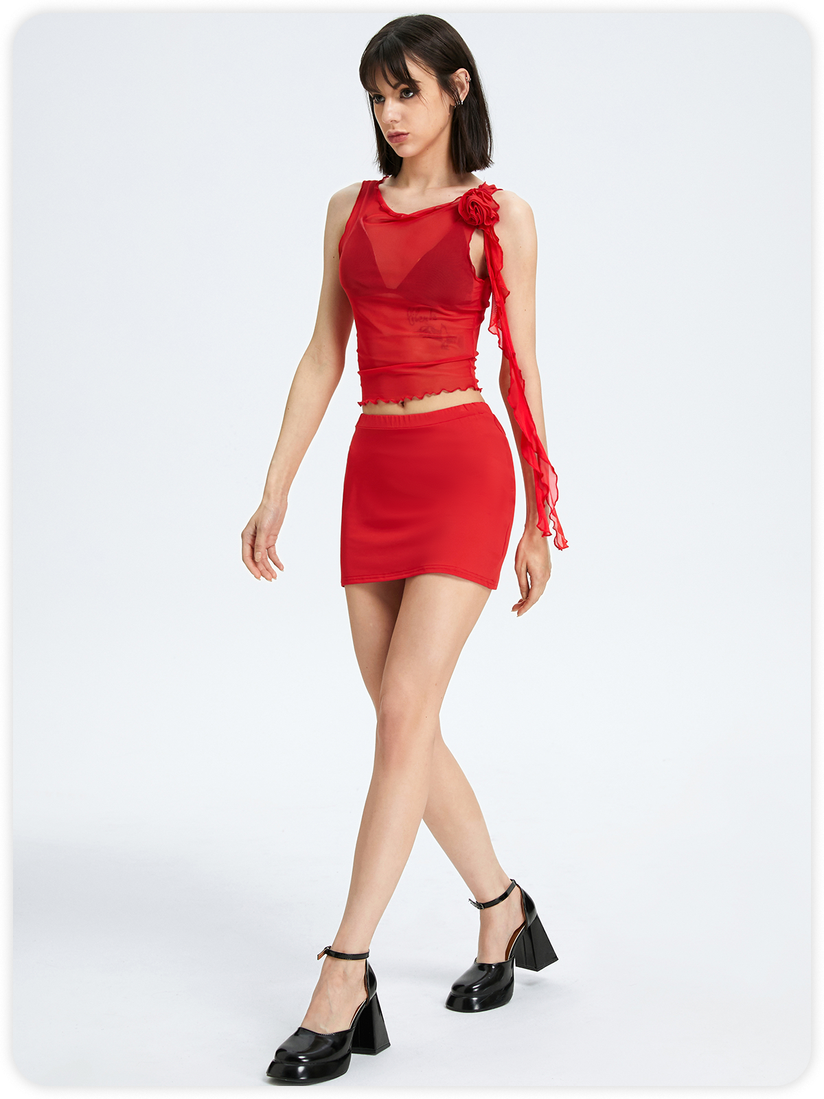 Y2k Balletcore Red 3D Rose Mesh Two-Piece Set