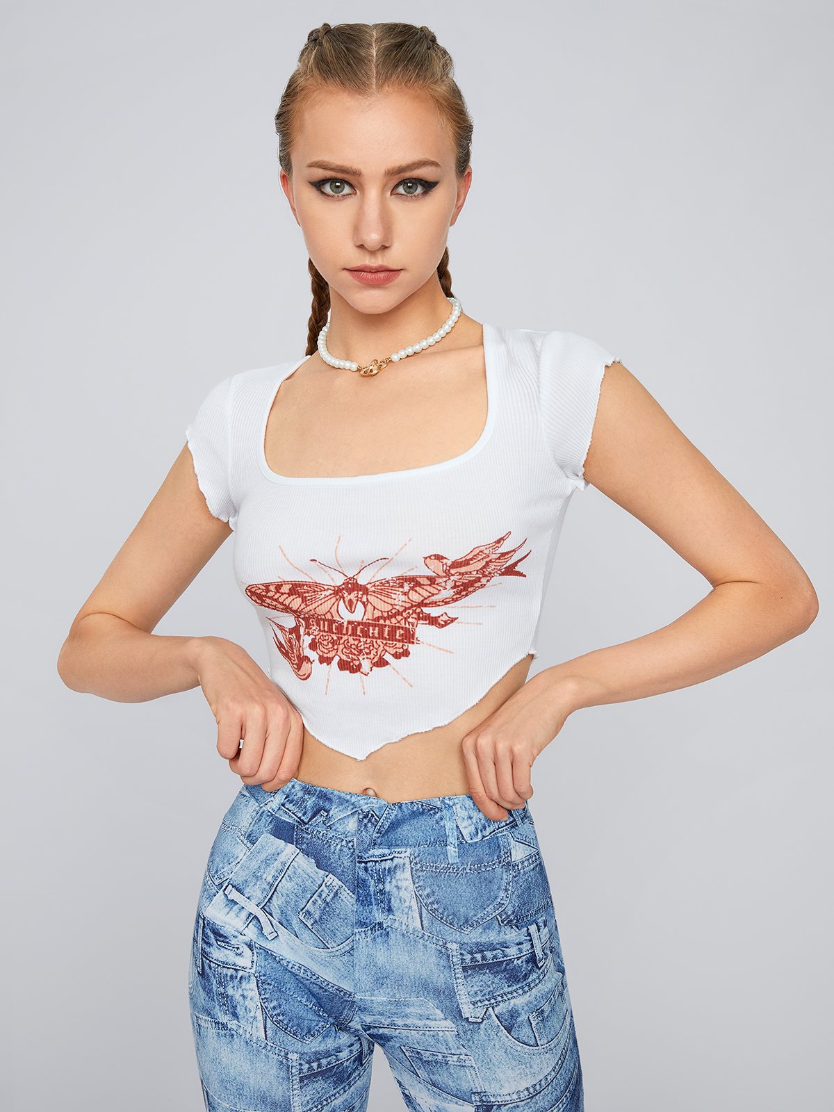 Y2K White Butterfly Square Neck Top T-Shirt