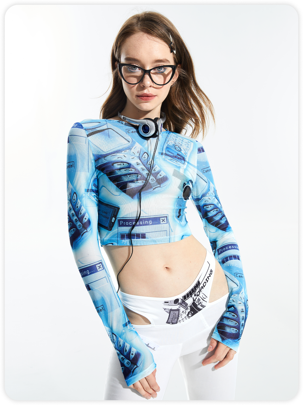 Y2K Blue Abstract Mesh Cropped Back To School Top Women Top