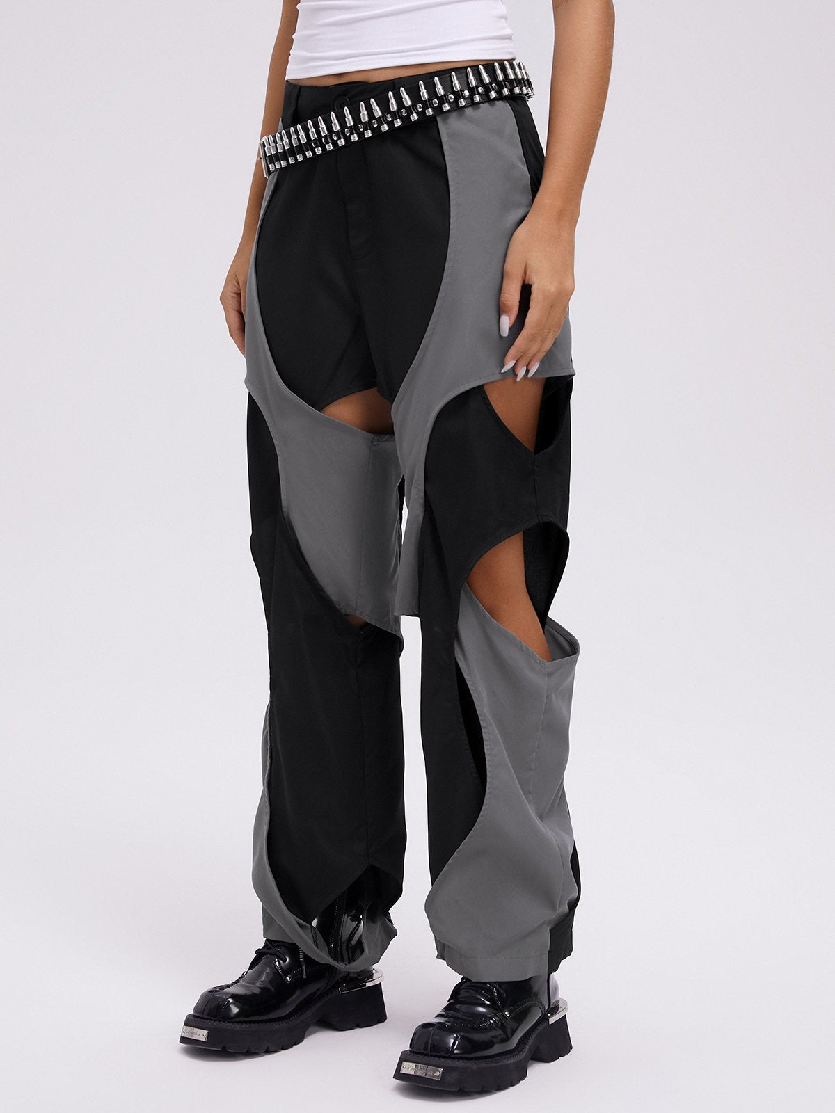 Street Gray Color block Cut out Bottom Pants