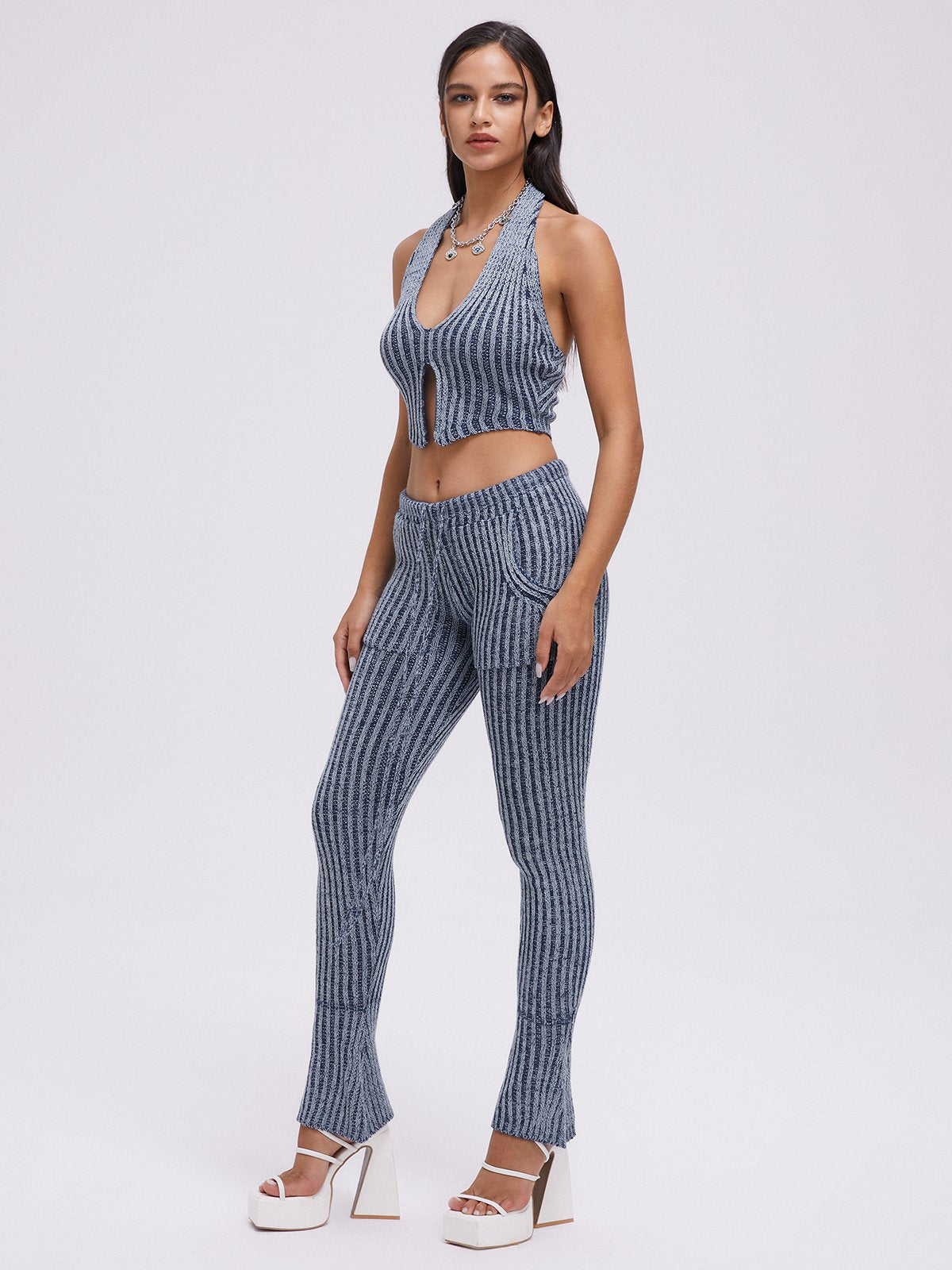 Halter Polka Dots Crop Top With Pants Two-Piece Set