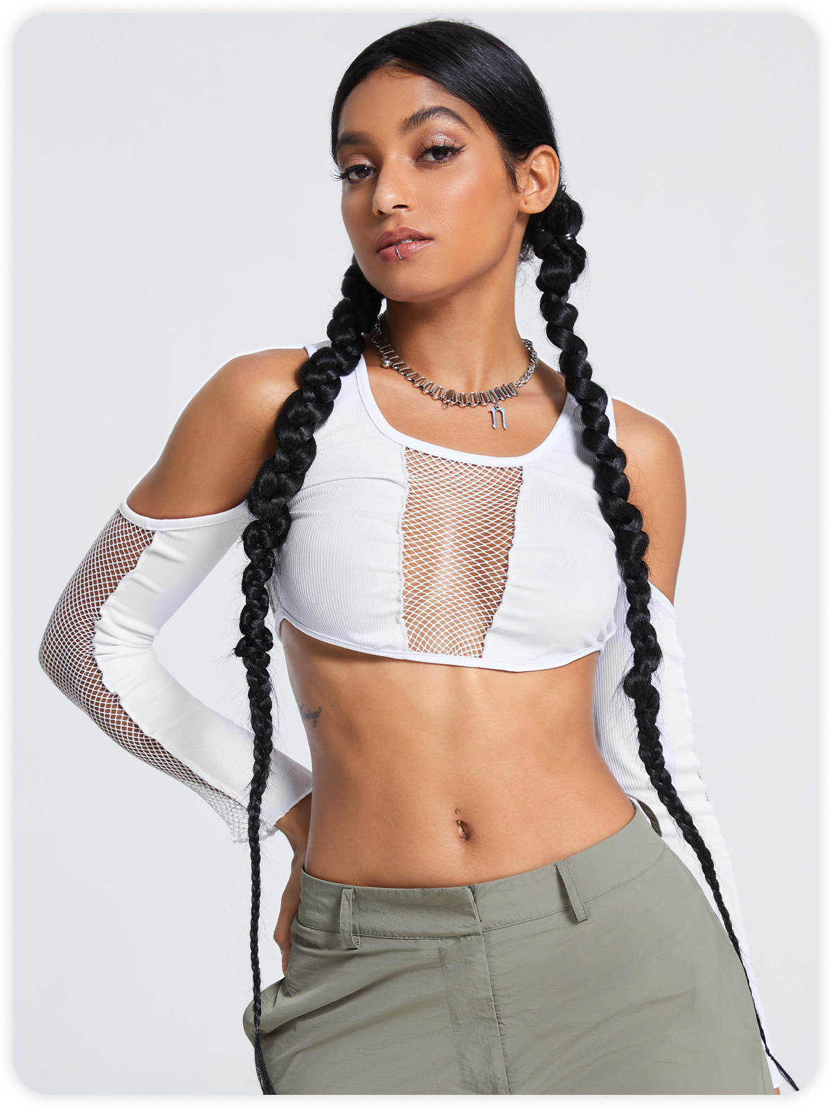 Edgy White Patchwork Mesh Cyberpunk Top Women Top