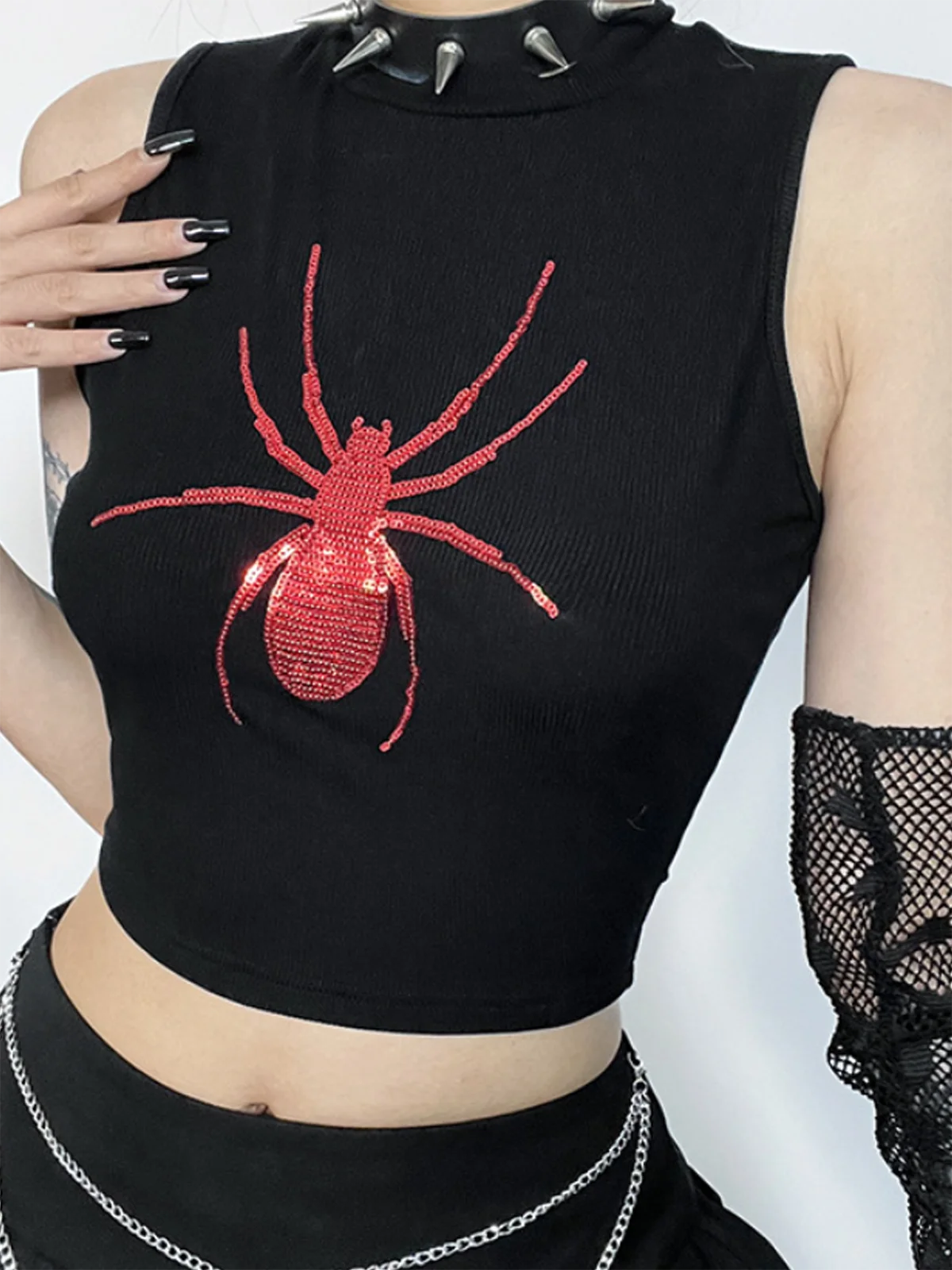 Sequin Embroidery Stand Collar Spider Pattern Tank Top