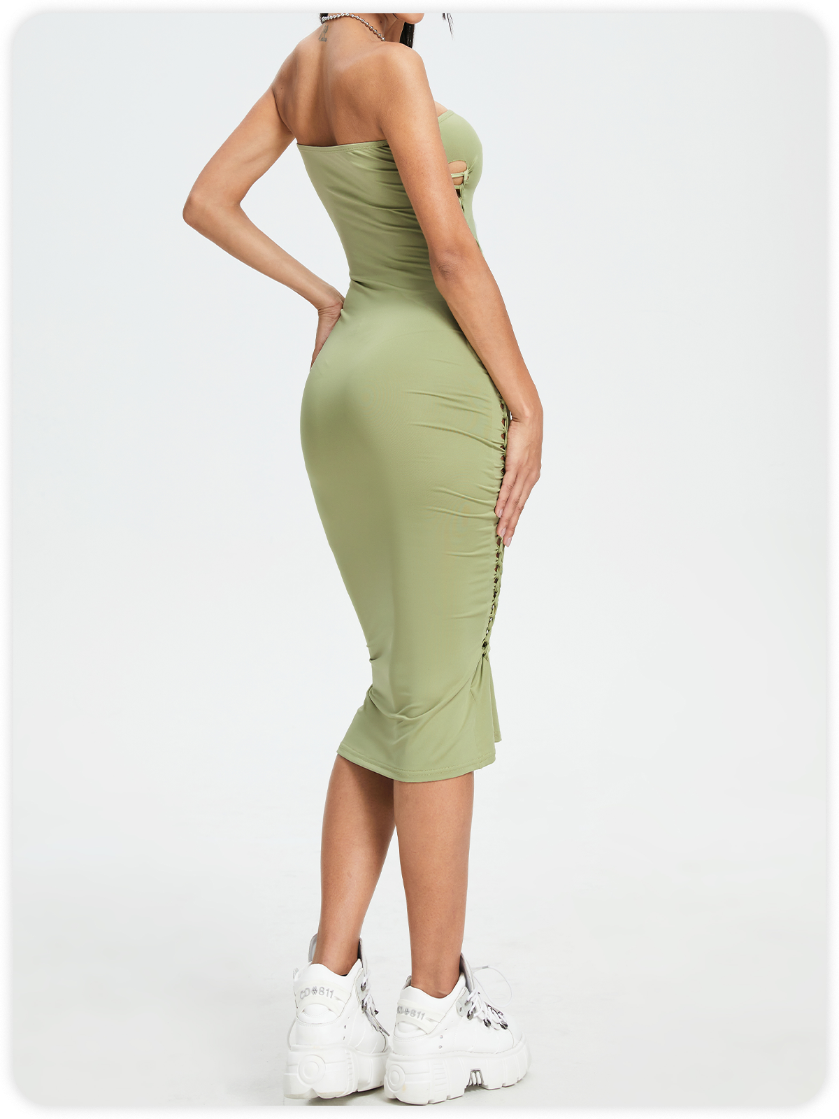 Street Green Cut out Dress Midi Dress