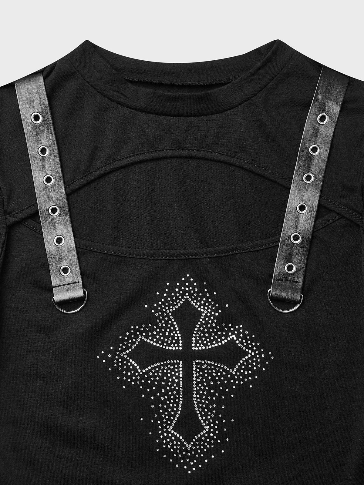 Cut Out Rhinestone Crew Neck Cross Short Sleeve T-Shirt