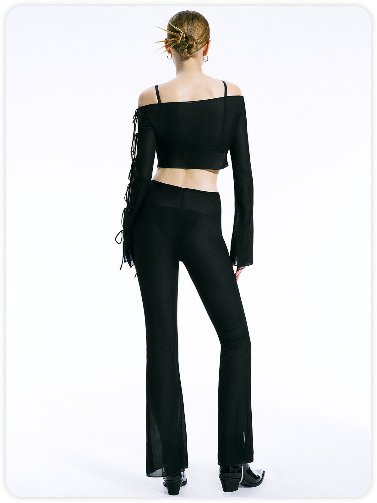 Y2K Black Lace Up Asymmetrical Design Mesh Bottom Pants