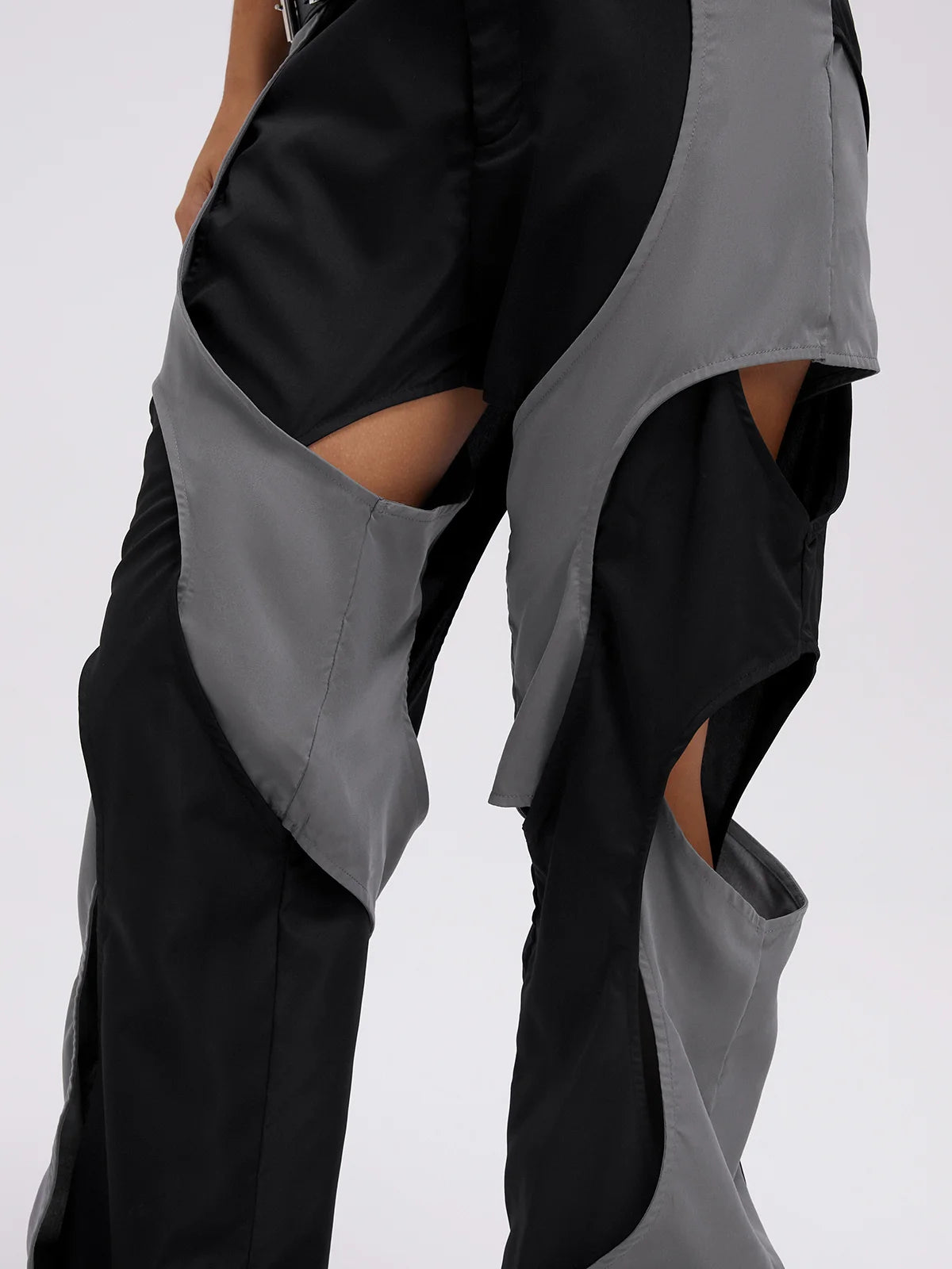 Street Gray Color block Cut out Bottom Pants