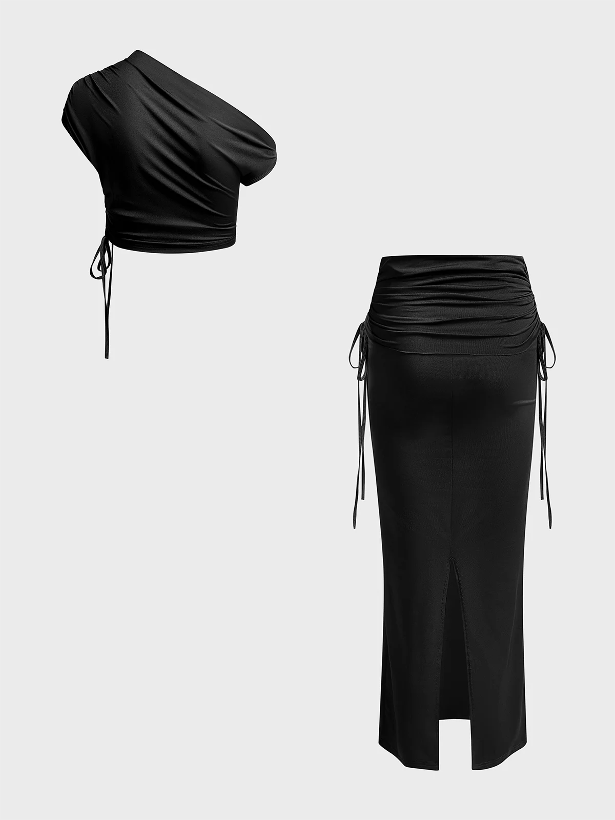 Drawstring Asymmetrical Plain Top With Skirt Two-Piece Set