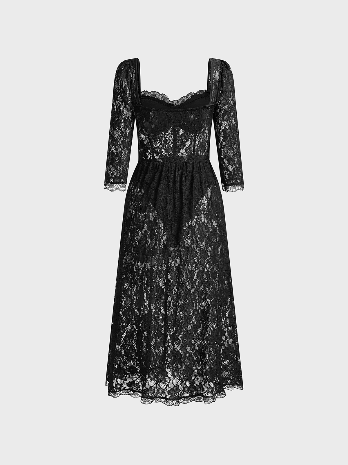 Lace Split Sweetheart Neckline Plain Three Quarter Sleeve Maxi Dress