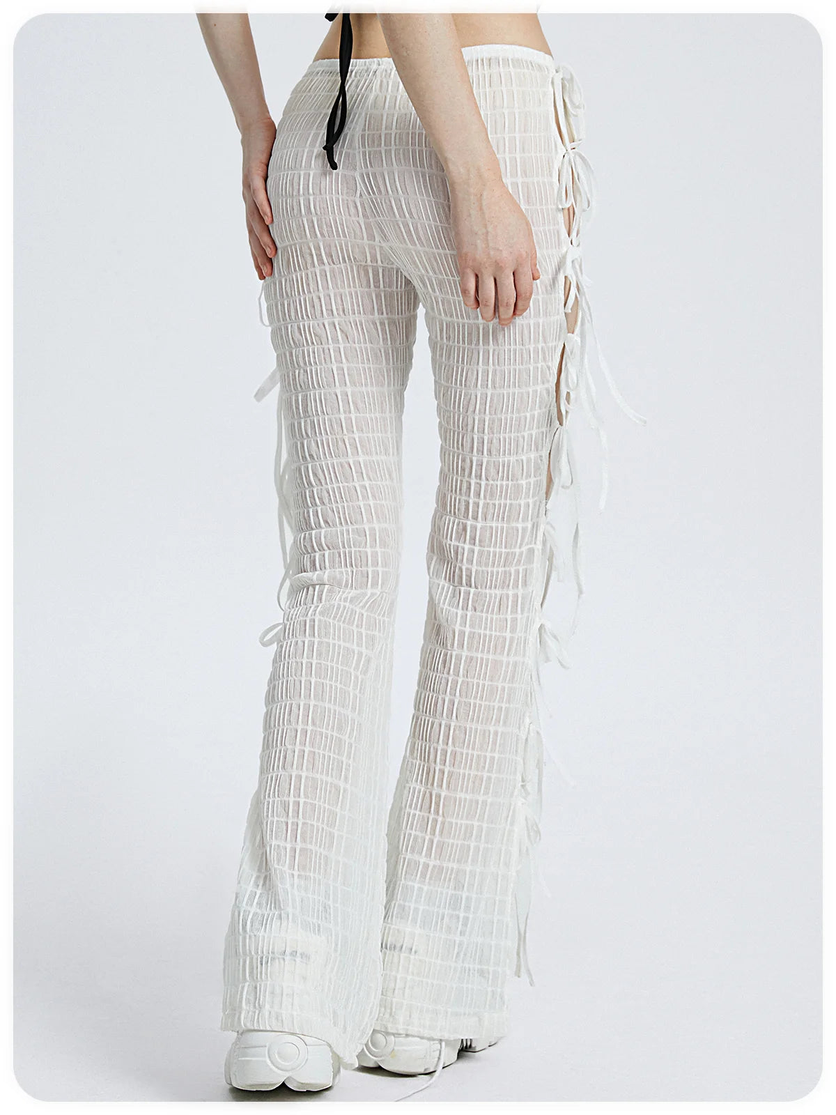 Jacquard Lace Up Cut Out Plain Bell-Bottomtrousers