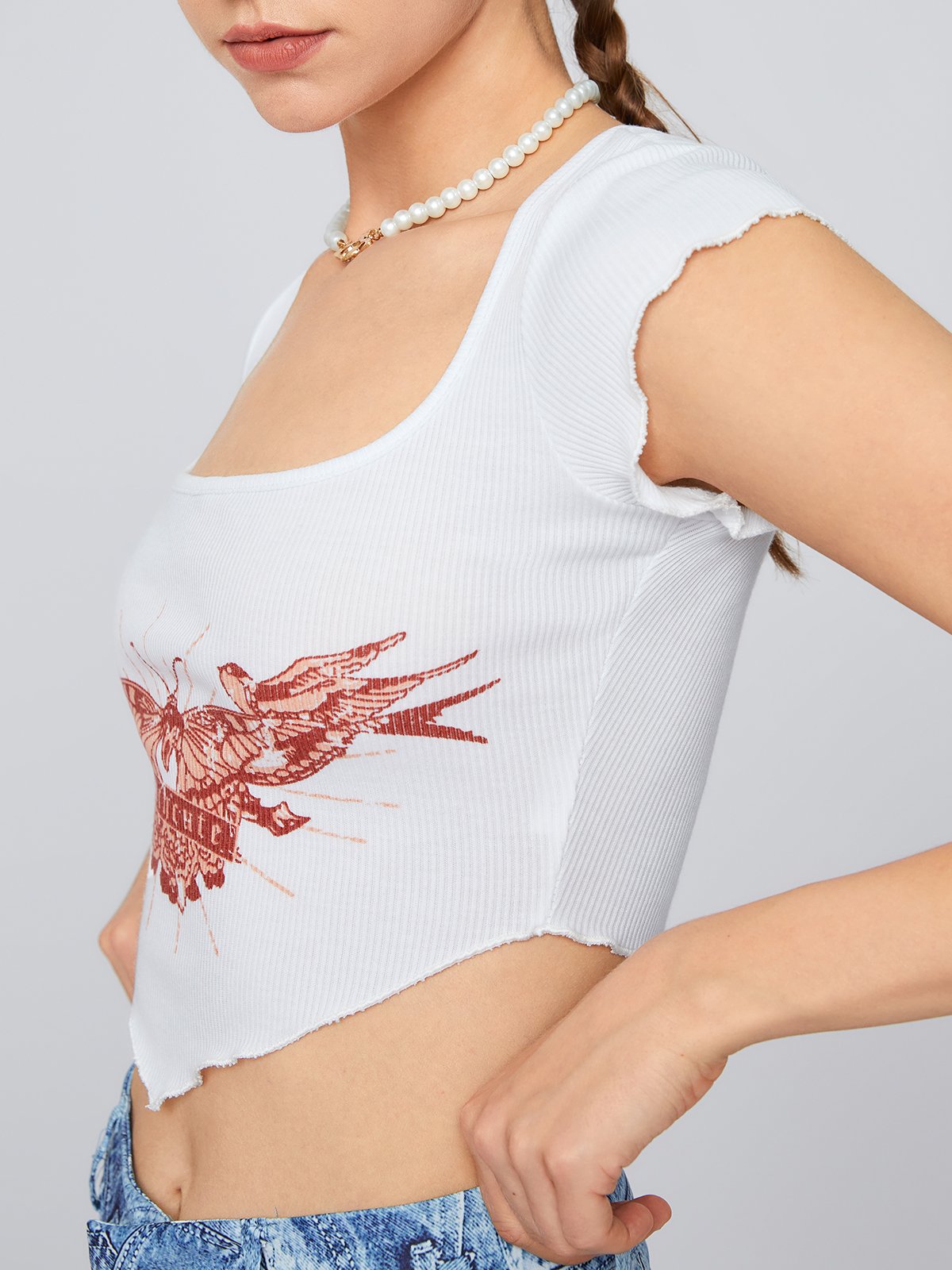 Y2K White Butterfly Square Neck Top T-Shirt