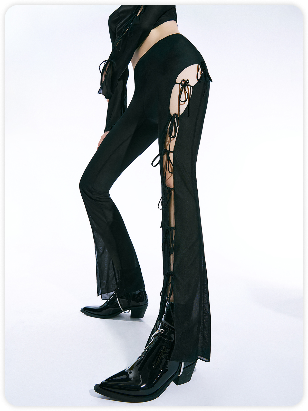 Y2K Black Lace Up Asymmetrical Design Mesh Bottom Pants