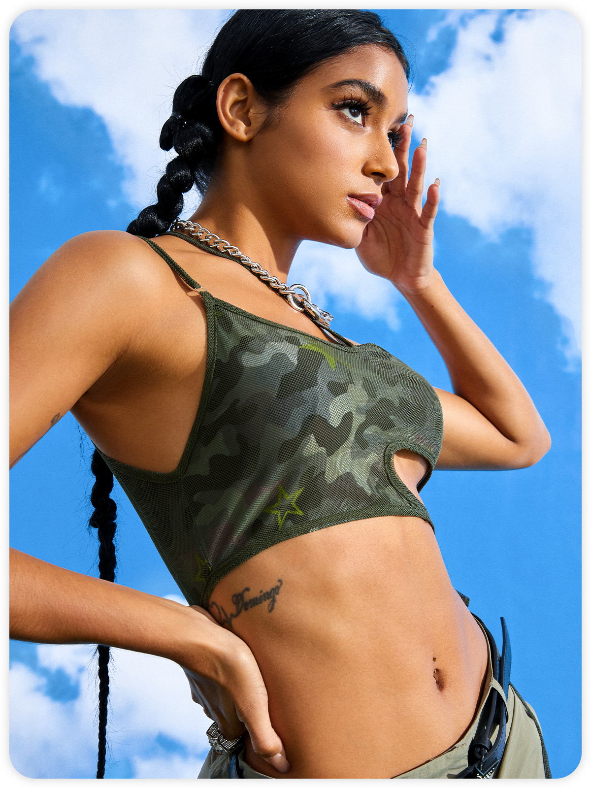 Street Army Green Asymmetrical Design Camo Cyberpunk Top Tank Top & Cami