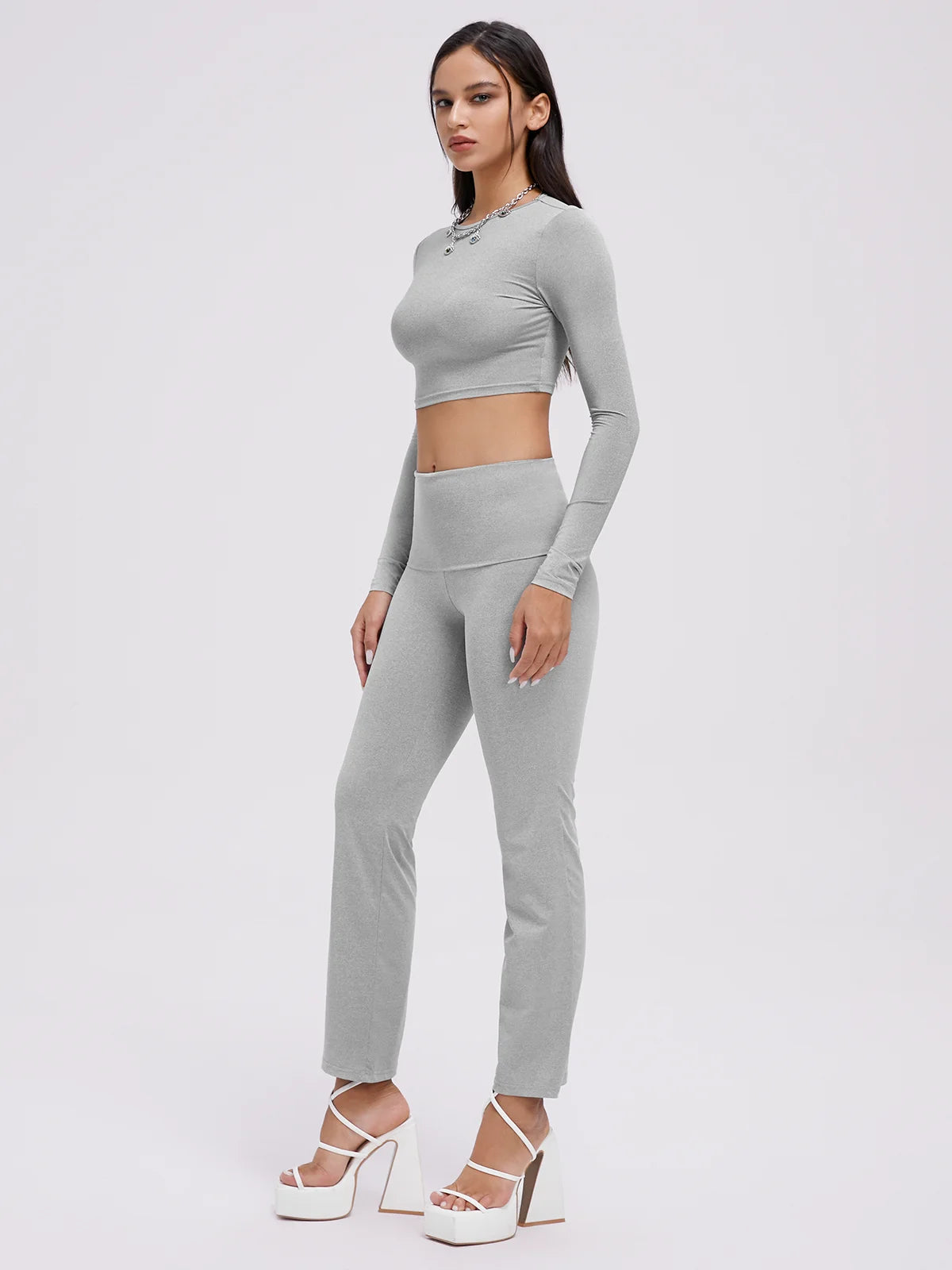 Crew Neck Long Sleeve Plain Top With Pants Two-Piece Set