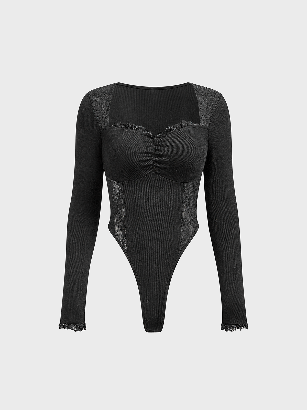 Lace Square Neck Plain Long Sleeve Bodysuit