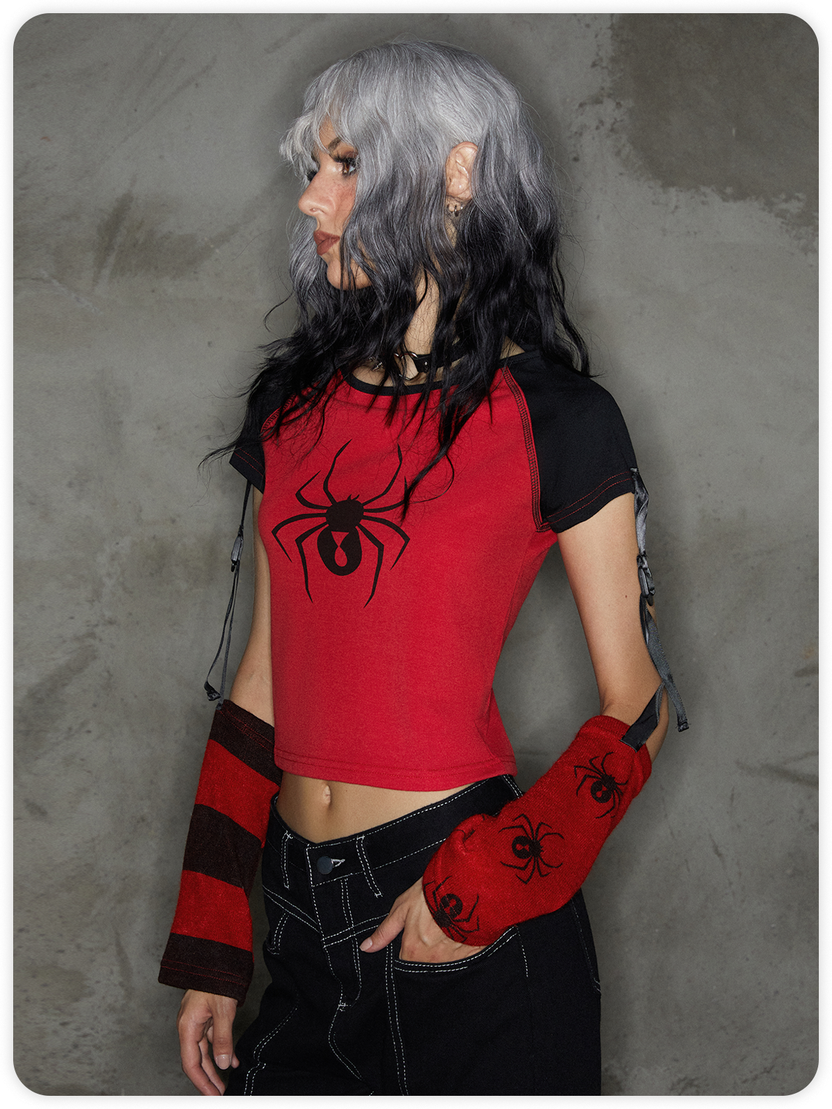 Punk Red Arm Slevees Asymmetrical Design Halloween Top T-Shirt