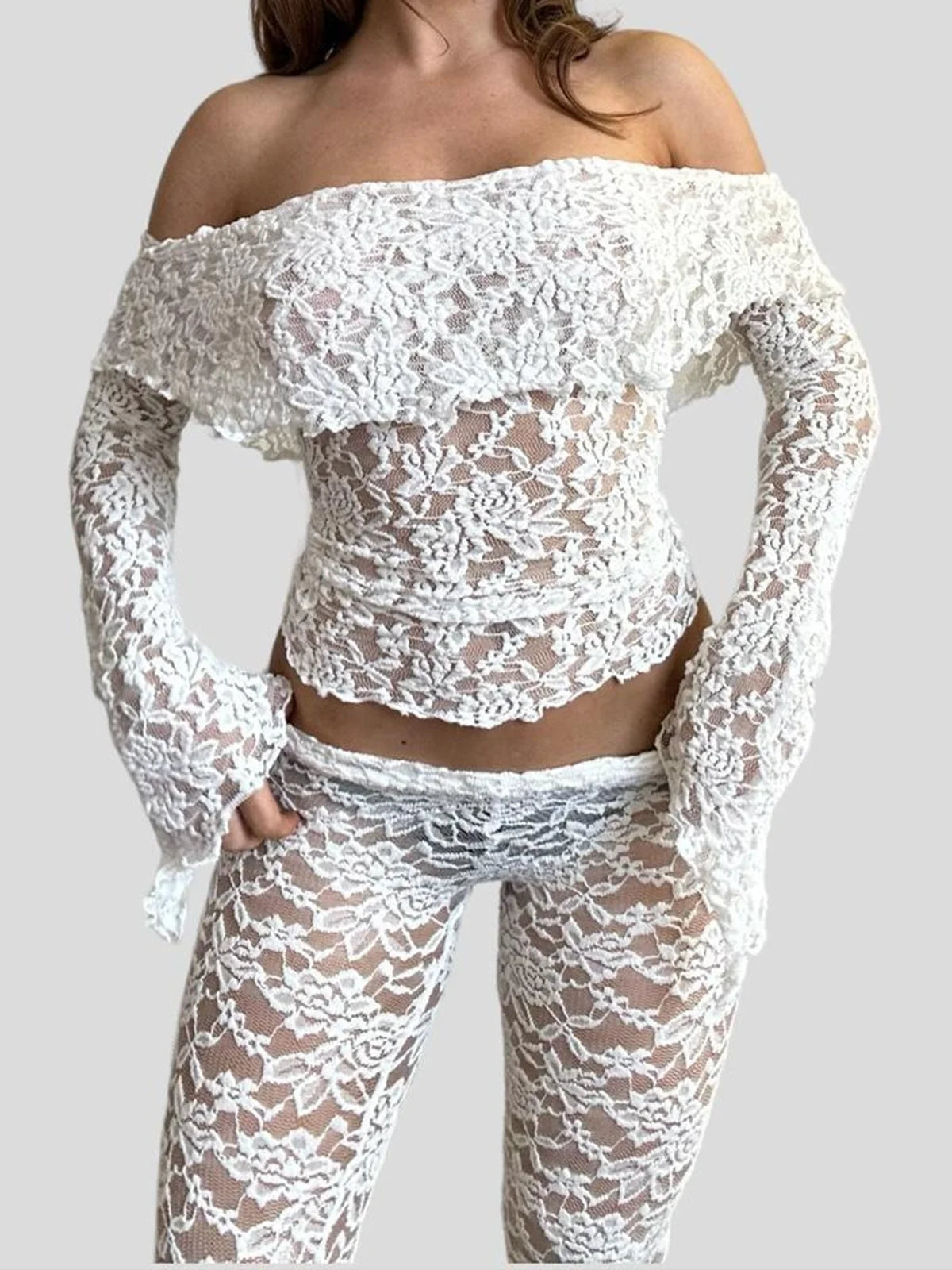 Lace Plain Top With Pants Two-Piece Set