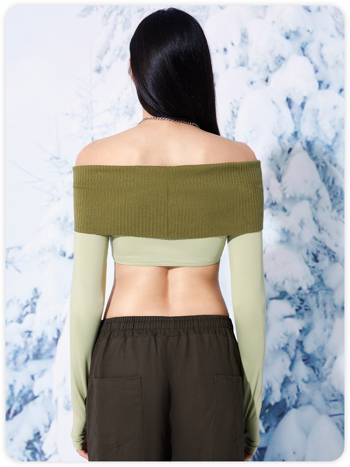 Y2K Green Patchwork Off Shoulder Top Women Top