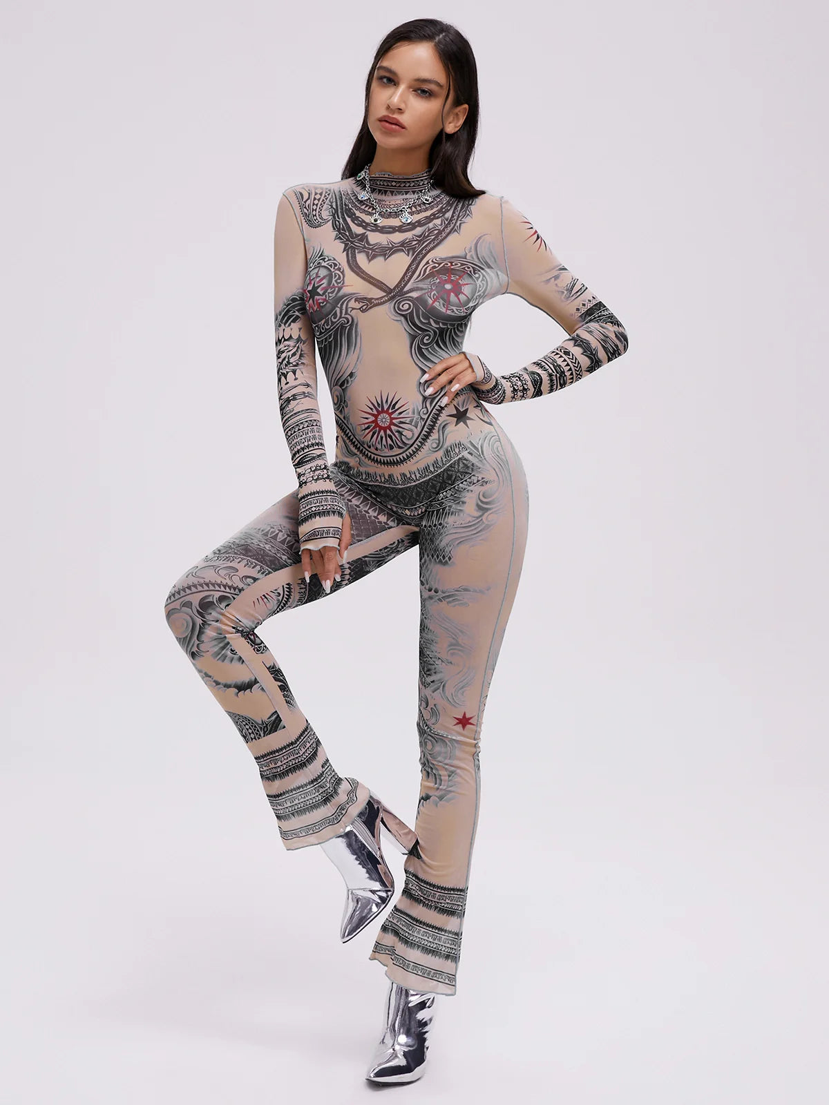 Mesh Crew Neck Abstract Pattern Long Sleeve Jumpsuit