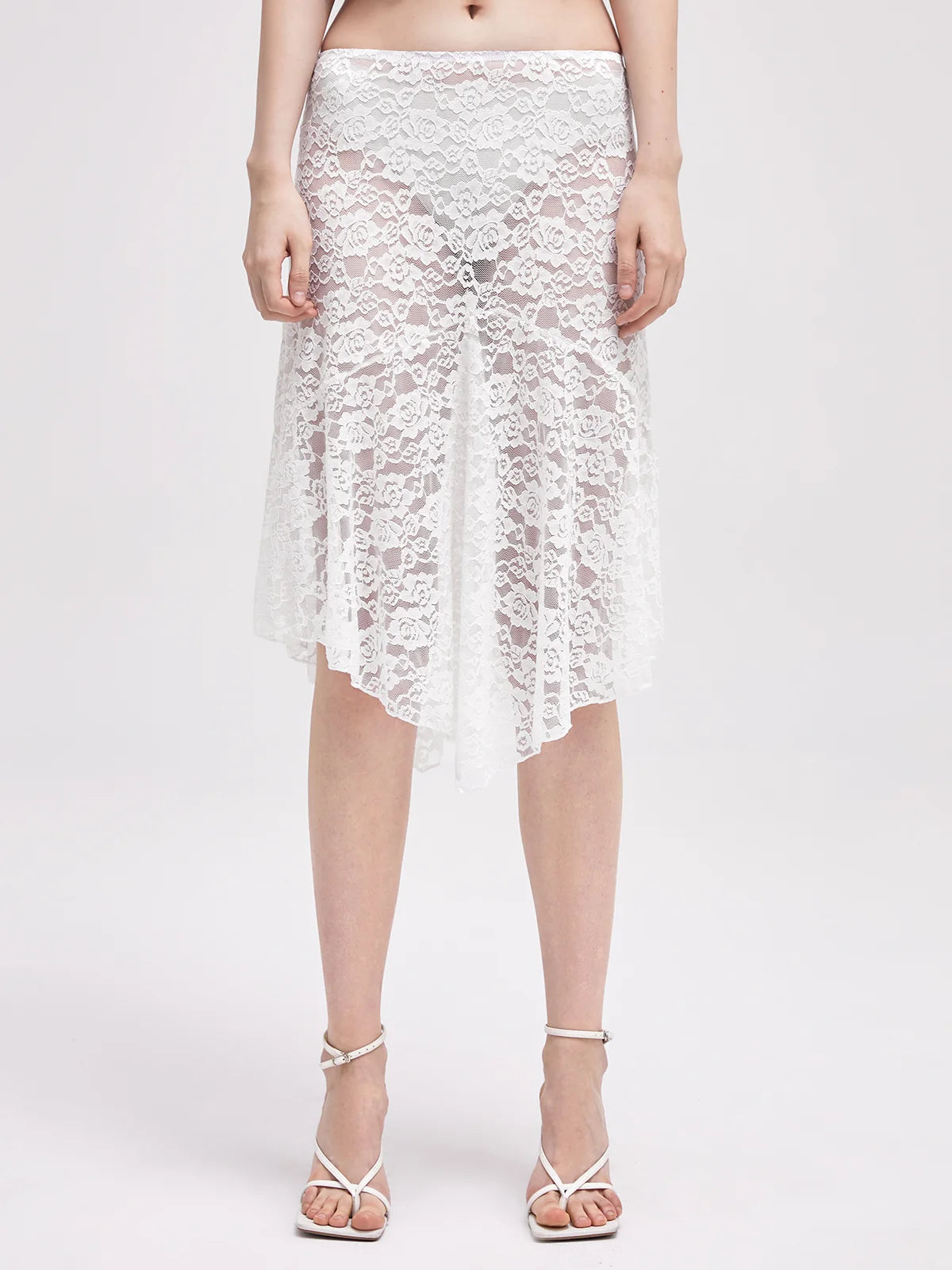 Lace Asymmetrical Plain Midi Skirt