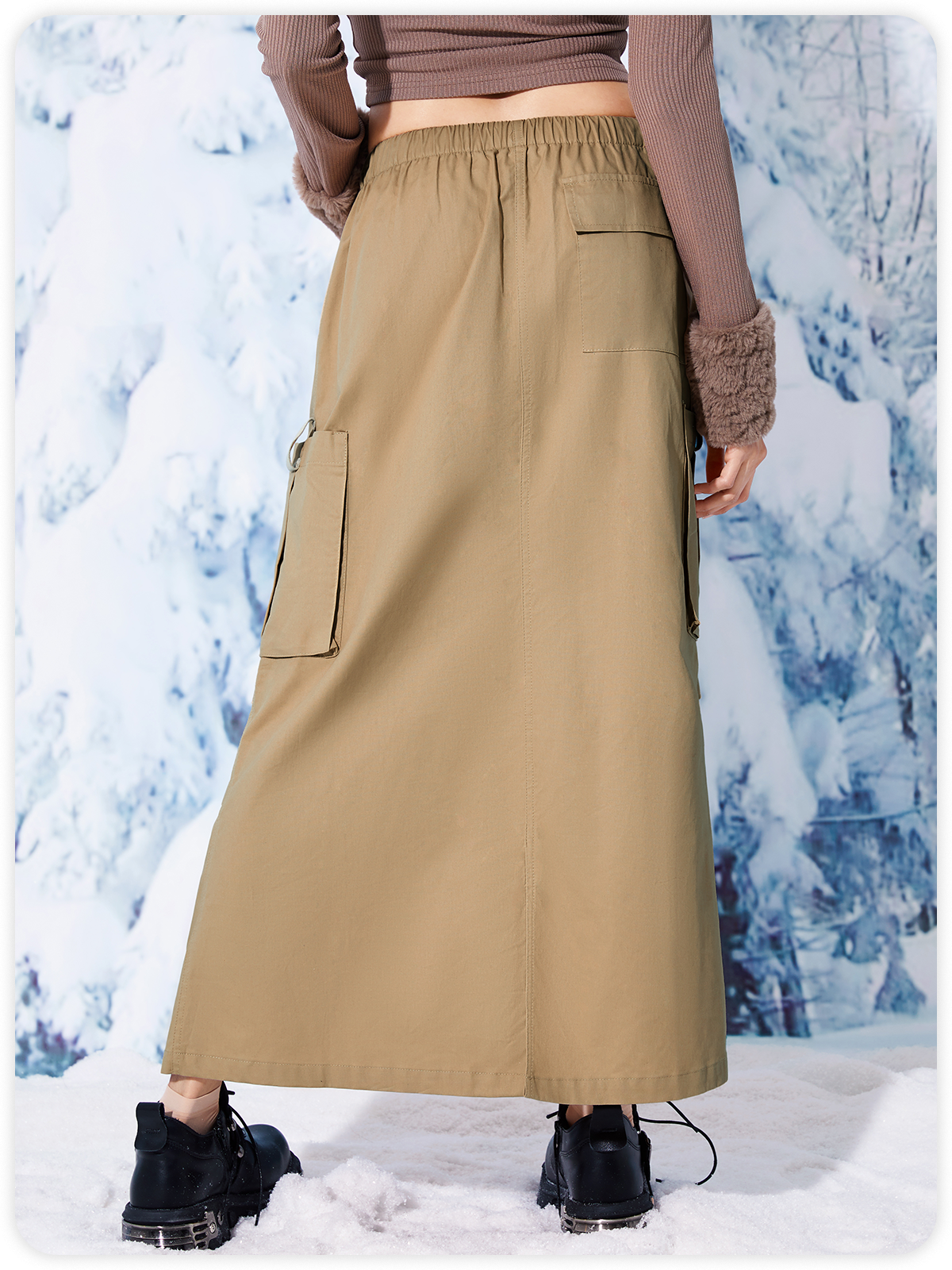 Street Khaki Pockets Bottom Skirt