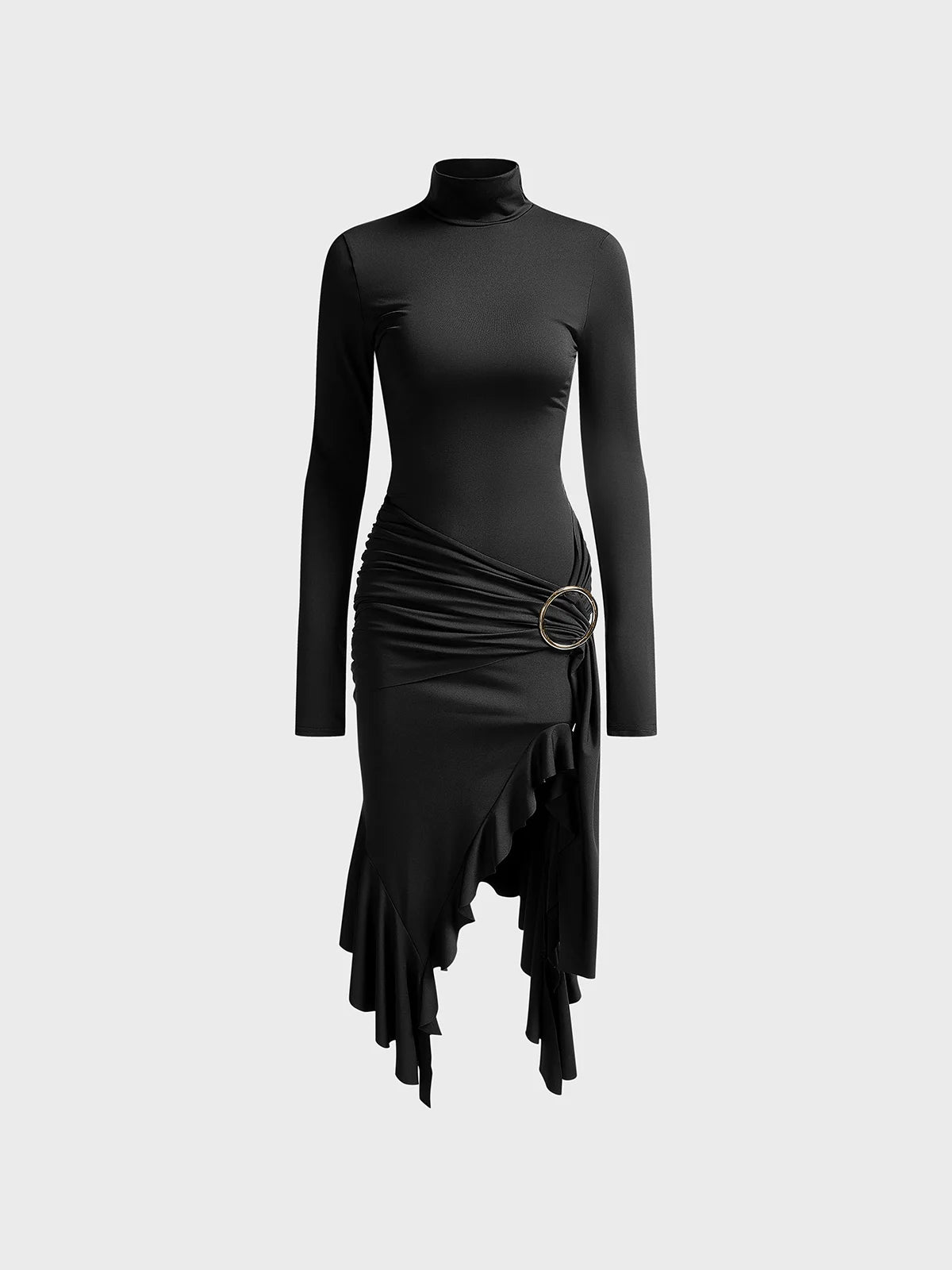 Ruffles Side Slit Half Turtleneck Plain Long Sleeve Maxi Dress